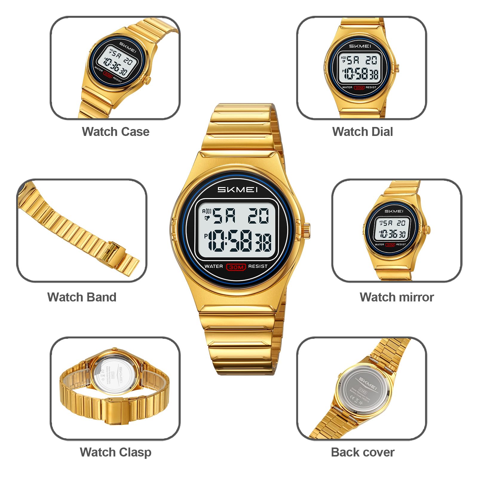Gosasa Reloj digital retro ultrafino para hombre y mujer, resistente al agua, acero inoxidable 30 m, reloj de cuarzo informal con retroiluminación LED, alarma, cronómetro