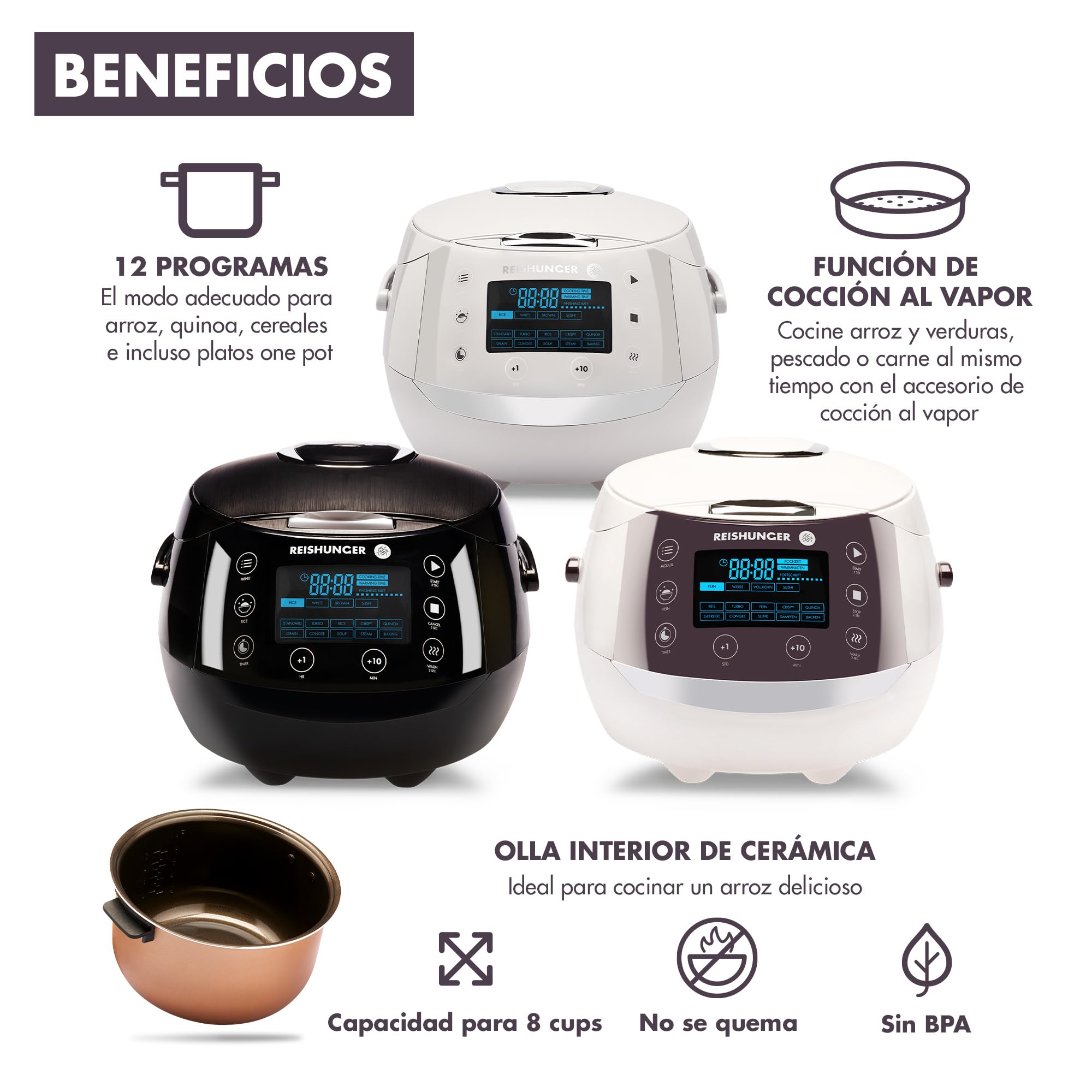 REISHUNGER Olla Arrocera Eléctrica y Vaporera Negro hasta 8 Personas (1.5 l)– Hervidor de Arroz con 12 Programas - Con Pantalla LED y Función Automática de Mantenimiento del Calor