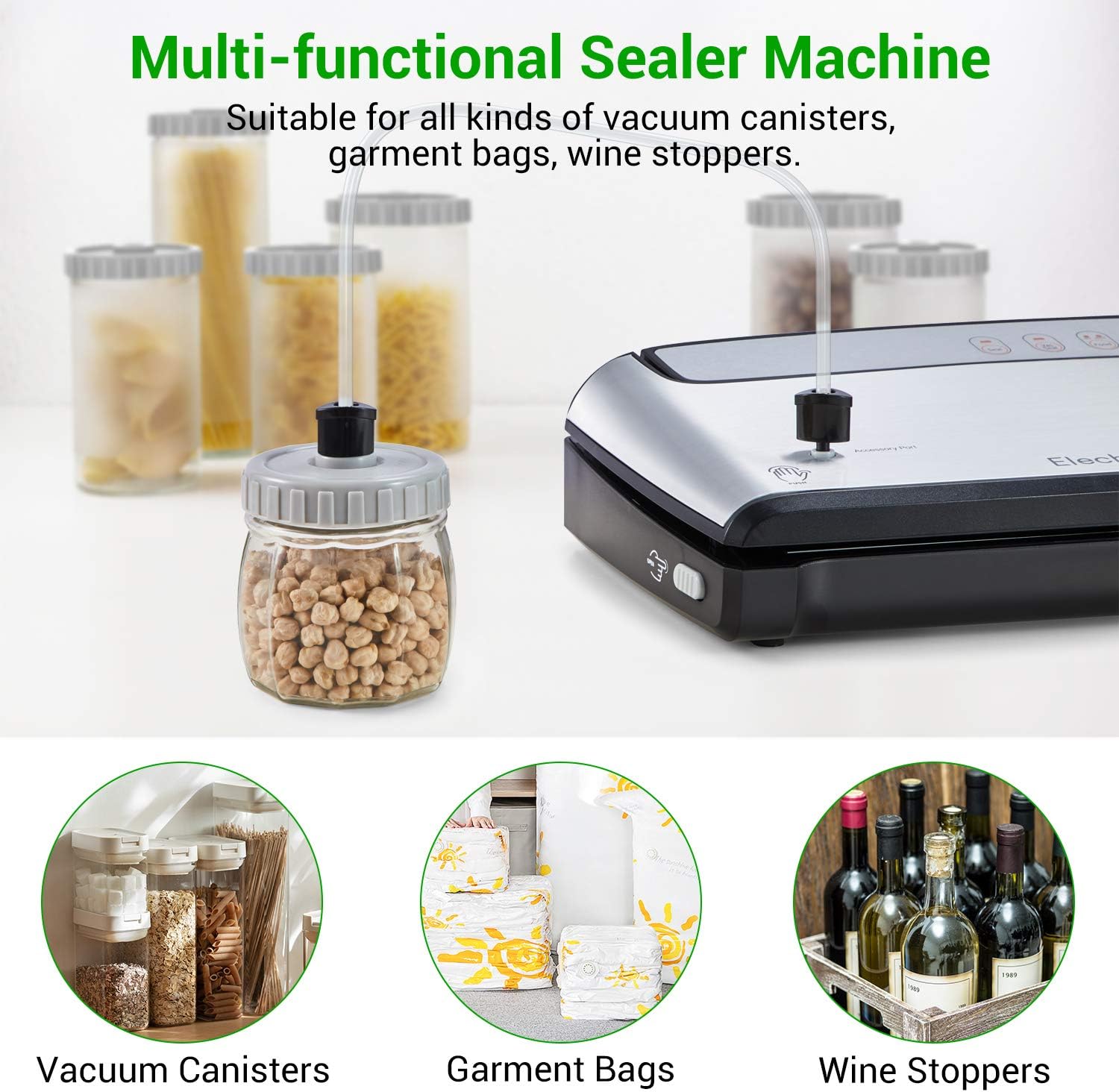 Image showing the vacuum sealer connected to various accessories like vacuum canisters, garment bags, and wine stoppers.