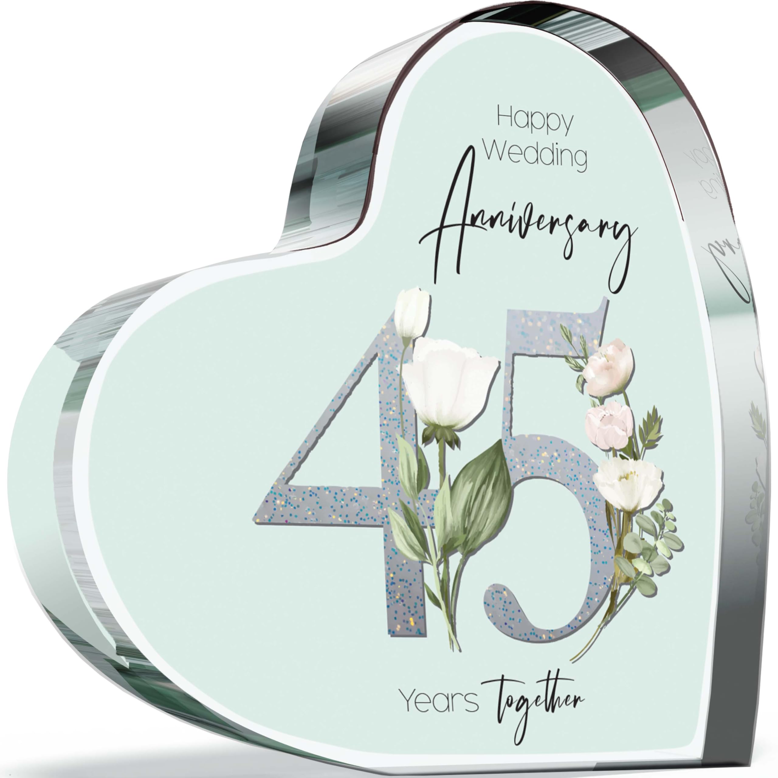 Giftzie Women's 45 Th Anniversary Plaque Gifts For Wife Husband - Years Together - I Love You Romantic Acrylic Heart Gift For Men, 100Mm Floral Present For Couples Forty-Fifth Anniversaries