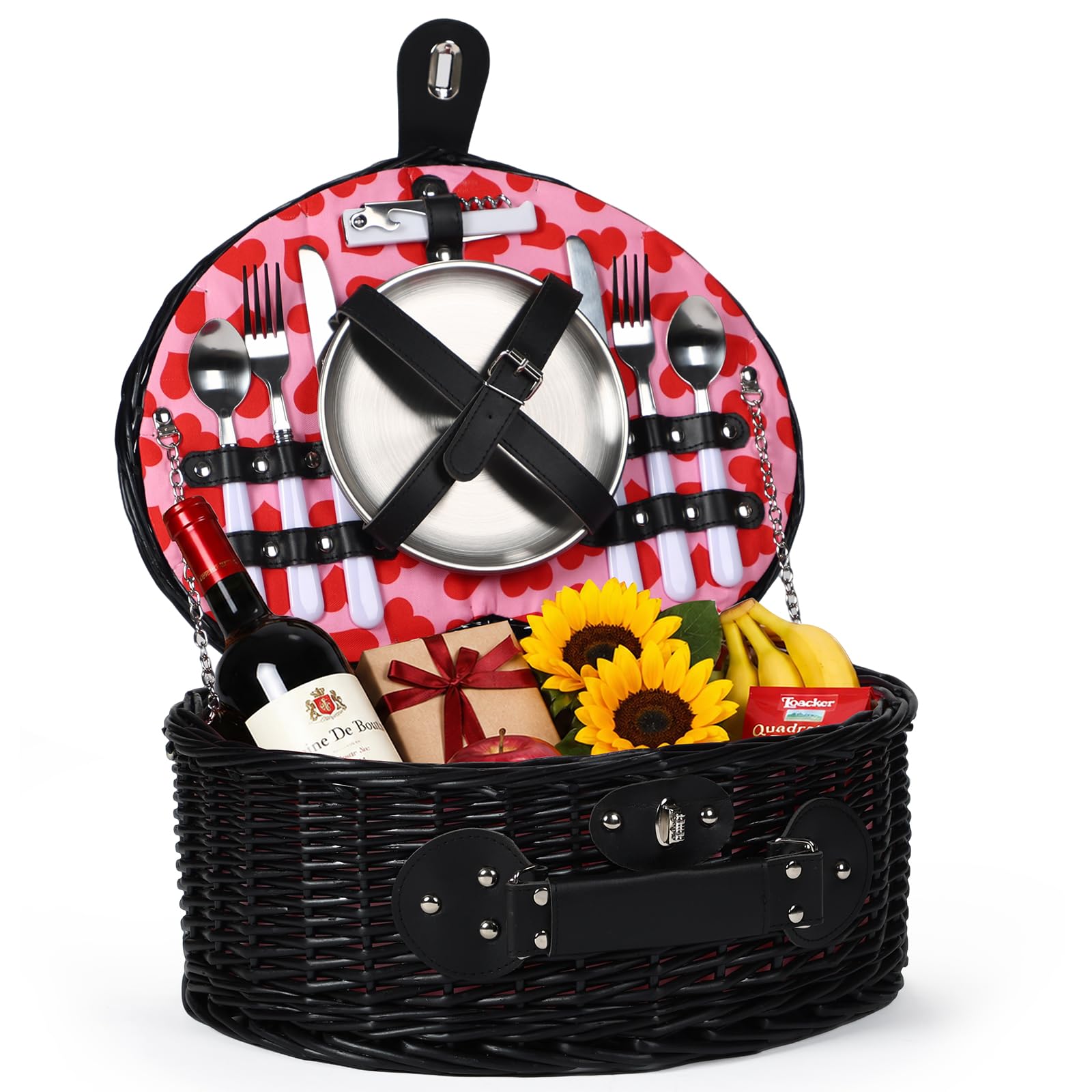 Set di cestino da picnic per 2 persone con apribottiglie, set di posate, per campeggio, spiaggia, escursionismo, barbecue e regali per famiglia/coppie, accessori