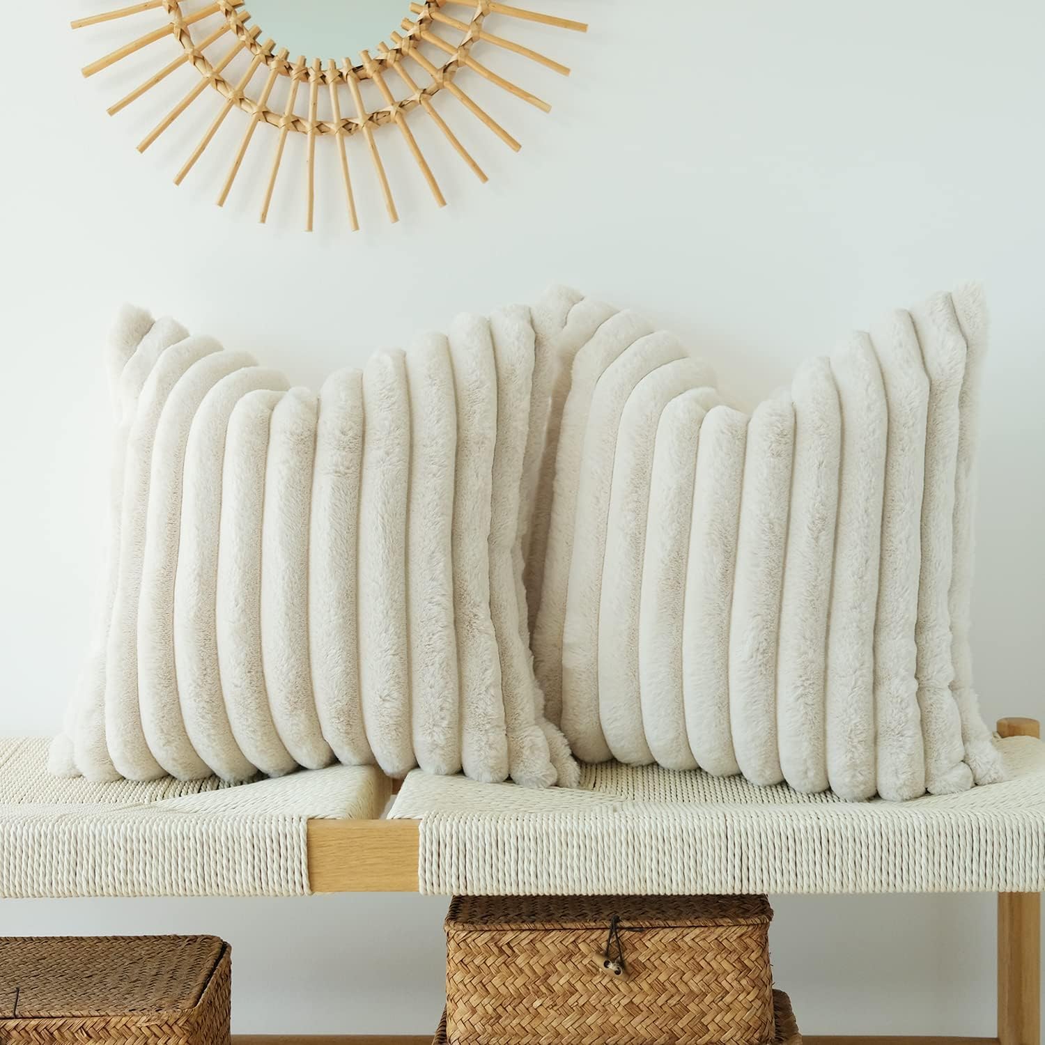 TIED RIBBONS Set of 2 Soft Cushion Covers for Sofa & Bed (Cream, 16 x 16 Inch) - Premium Decorative Fur Strip Texture Throw Pillow Covers for Living Room, Bedroom & Home Décor-image-32