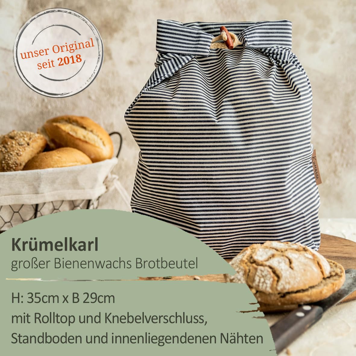 Kumanu | Lingette en cire d'abeille bio - Sac à pain KRÜMELKARL | H 35cm x L 29cm | avec fond et fermeture | conservation naturelle et sans plastique | fabriqué à la main au Tyrol (Rétro)
