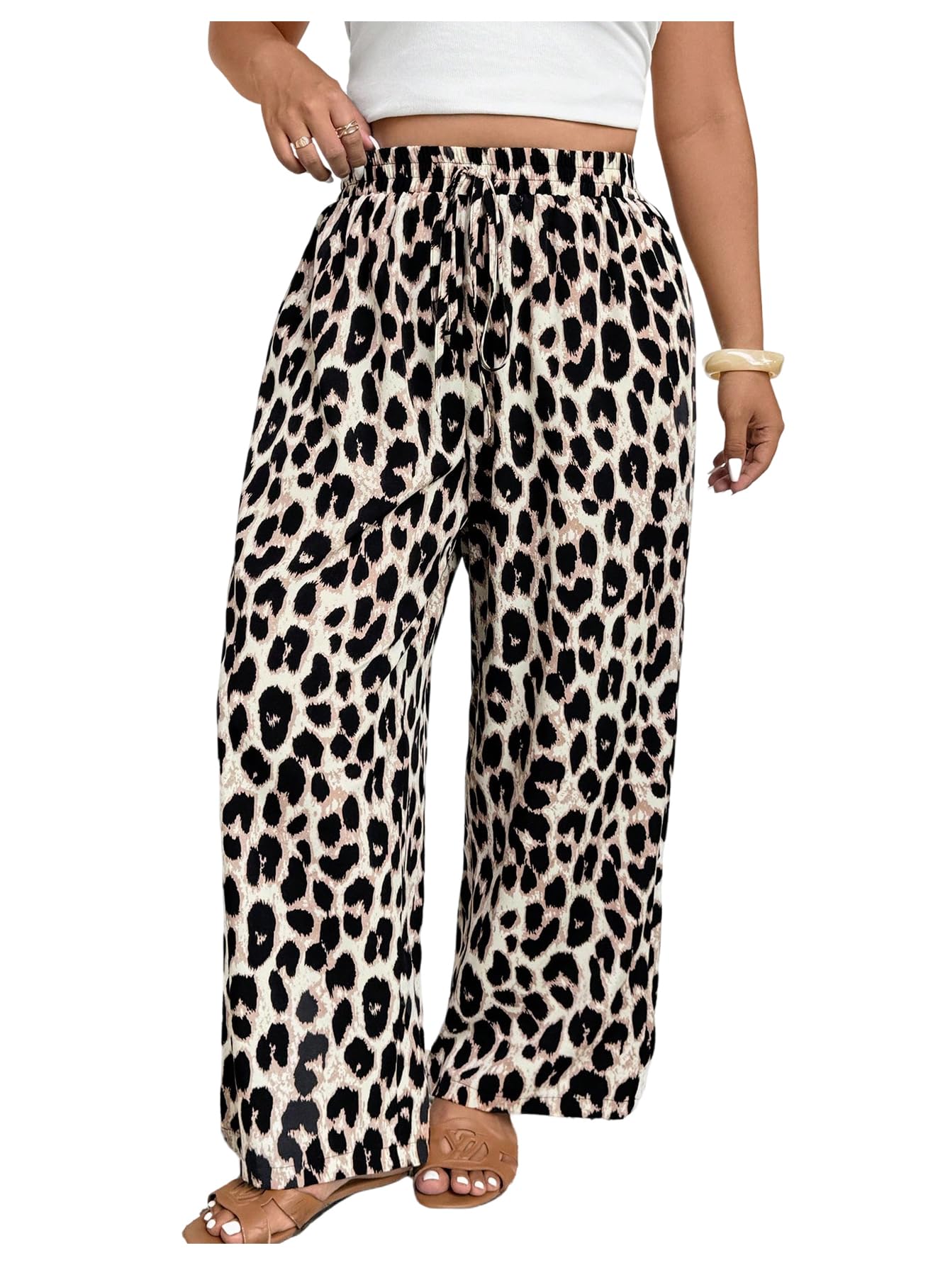 Floerns Womens Plus Size Cheetah Straight Leg Pants Drawstring Waist Y2k Long Trousers Khaki Multi 3X-Large Plus