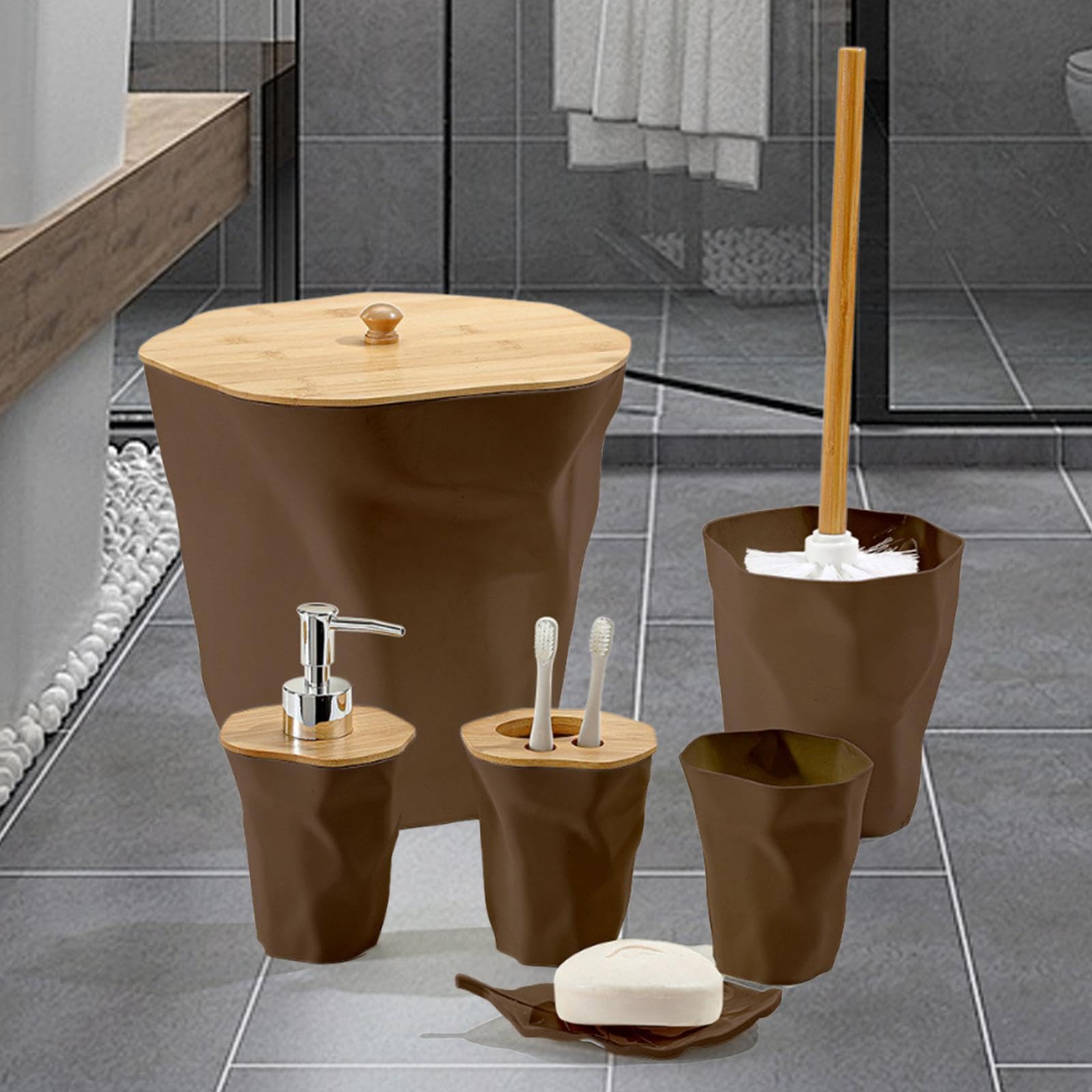 6 Piezas Soporte de Cepillo de Dientes Juego de Accesorios de Baño Dispensador de Loción Vaso Organizador Material PP Adecuado para Baño Modernos, café, Individual