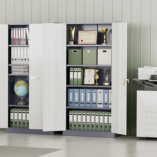 Vista 165 de INTERGREAT Armario de almacenamiento de metal, armarios de acero con cerradura de 72 pulgadas de alto con puertas de bloqueo, armario de Gris blanco