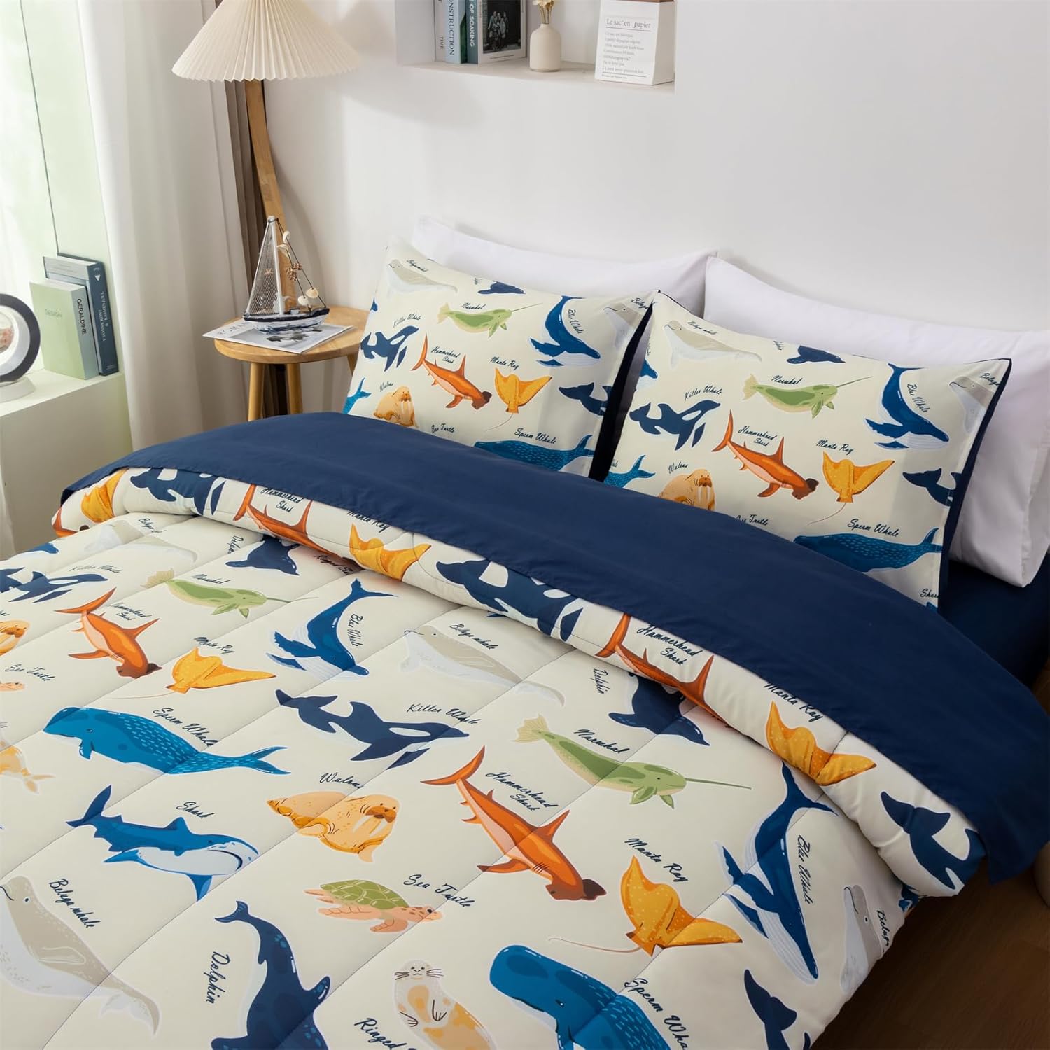 Aimuan Dolphins Comforter Set Kids Animals Bedding Set Super Soft & Cute Fish Printed for Boys Girls Teen (Cream, Twin 5Pcs)