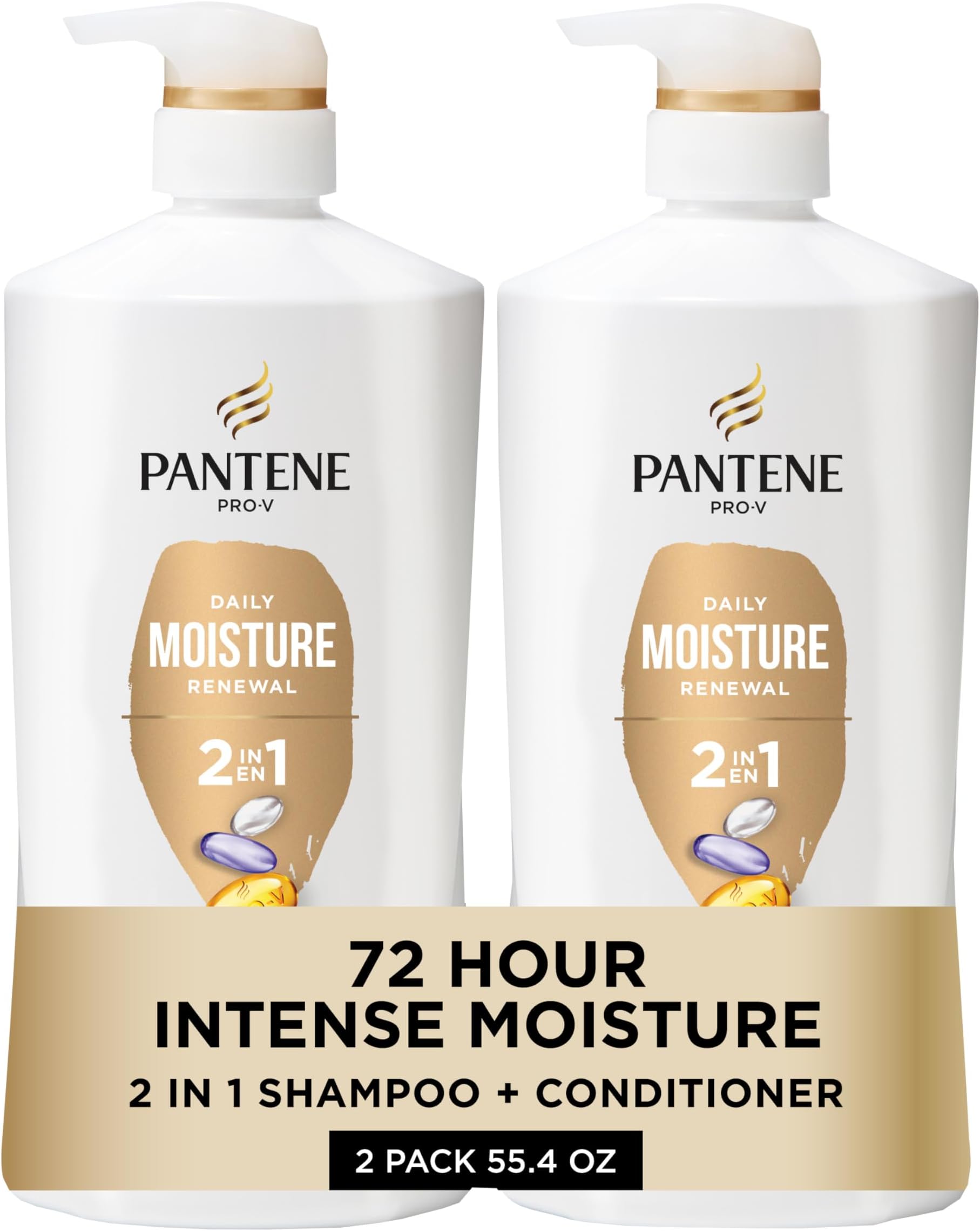 Pantene 2-in-1 Shampoo & Conditioner, Daily Moisture Renewal - Pro-V Nutrients for Dry, Color-Treated, Straight to Curly Hair, 72-Hour Hydration & Softness, 27.7 Oz Each, 2-Pack + Rescue Shot (0.5 Oz)