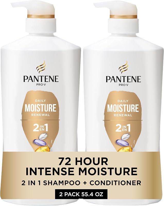 Pantene Champú y acondicionador 2 en 1, renovación diaria de la humedad, nutrientes Pro-V para cabello seco, tratado con color, liso a rizado, hidratación y suavidad durante 72 horas, 27,7 oz cada uno, paquete de 2 + tiro de rescate (0,5 oz)