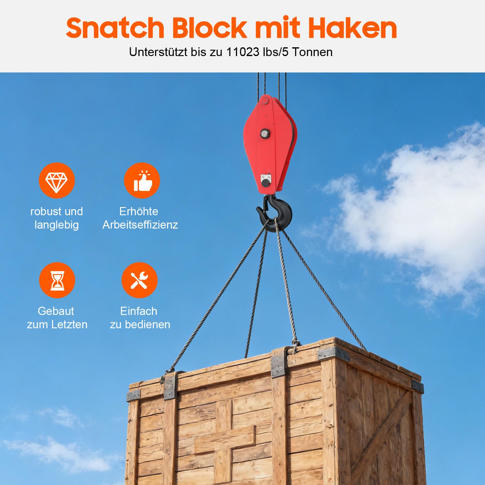 Riemenscheibe mit Haken - 5 Tonnen Umlenkrolle mit Haken | Haken-Riemenscheibe Heberolle Schwerlastzug, Hochfeste Seilwinde für ein 18,5 mm Drahtseil, 21.65*8.07*2.95inch