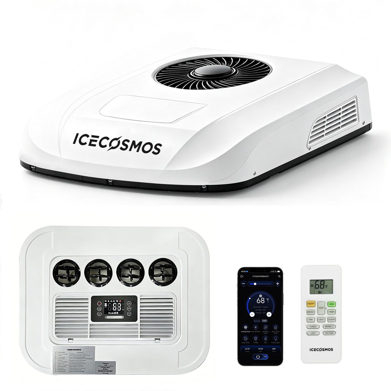 5.5" Ultra-Slim Mini Body Low-Profile Rooftop 12V DC Inverter RV Air Conditioner – Air 360° Flow, AWG#6 230 Inches Power Cord Cooling & Heating for Camper Vans Motorhome Light Truck