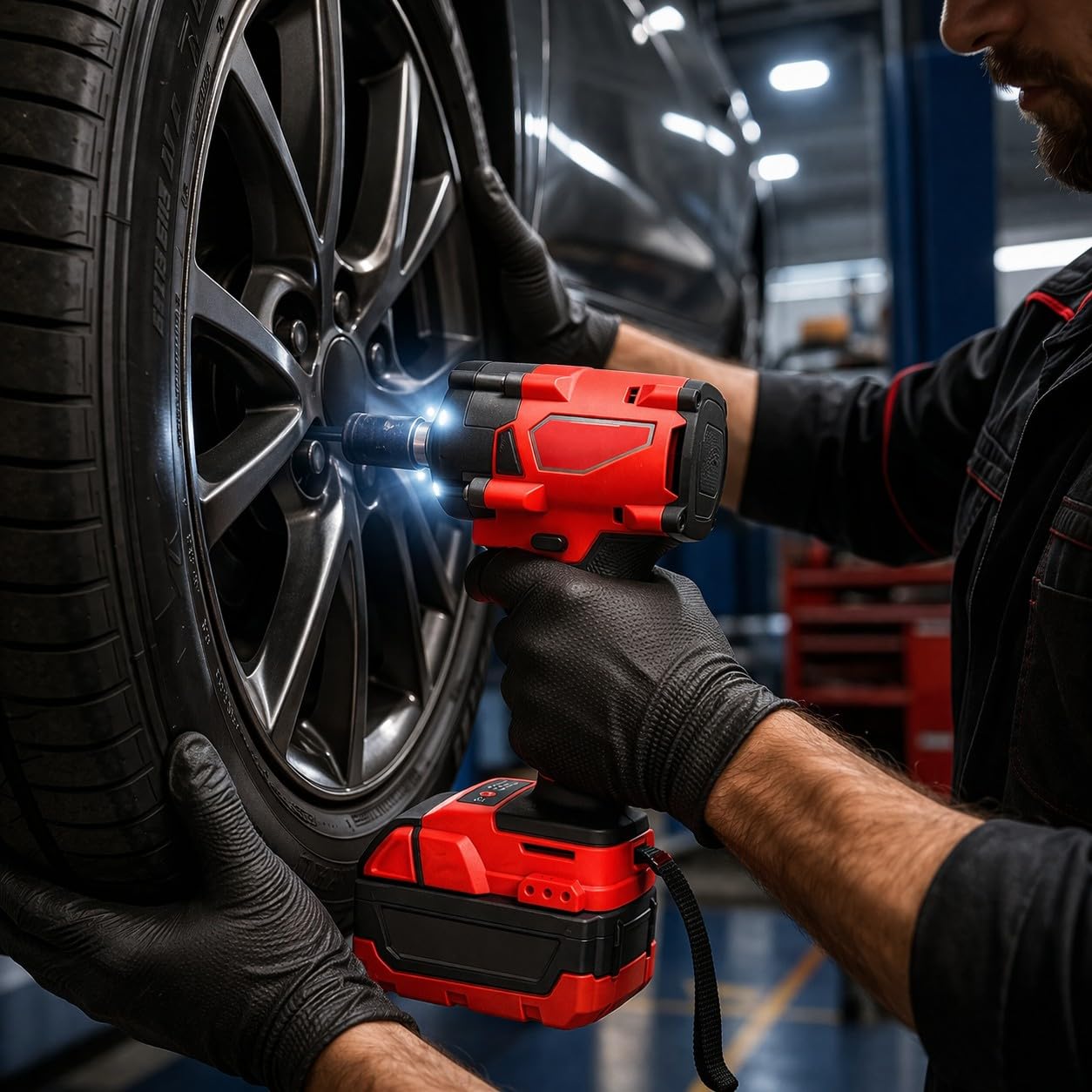 Avvitatore a Impulsi a Batteria 88V 5Ah 350Nm 2400RPM con Attacco Quadro da 1/2" con Motore Brushless e Luce Led Integrata 3 Velocità con 2 Batterie per Auto e Officina