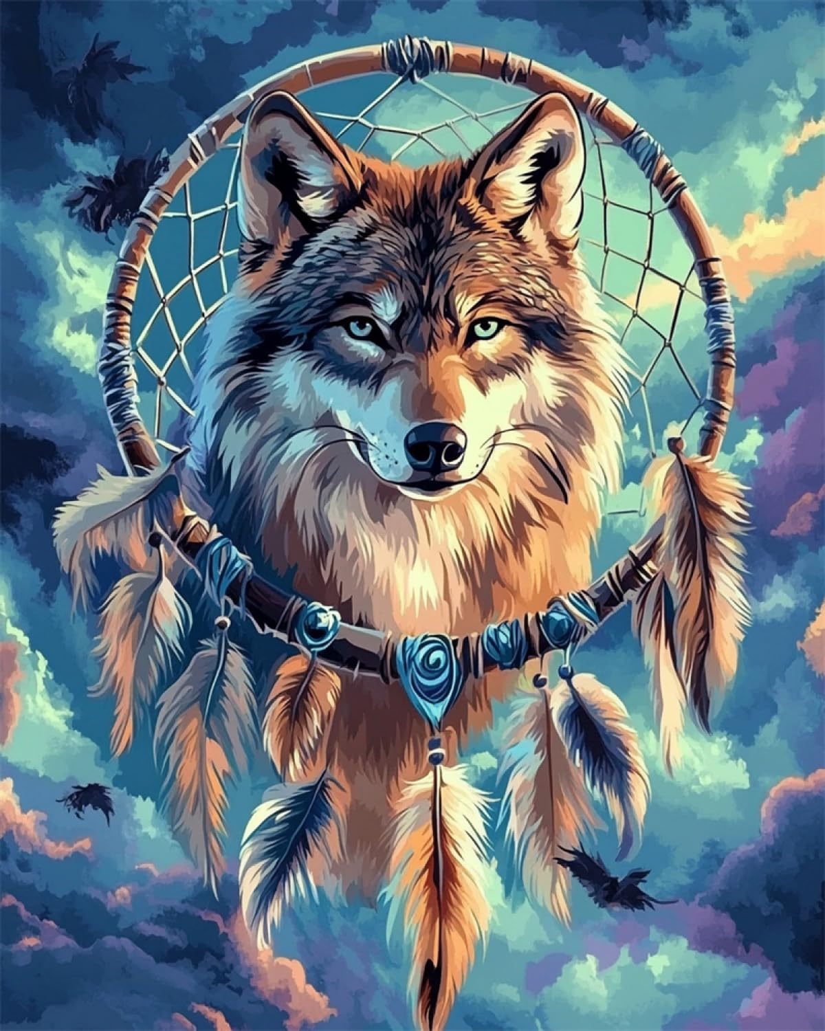 RKFLGEW DIY Seed Bead Embroidery Kits Wolf Animal and Dream Catcher Beaded Cross Stitch Stamped Kits Handcraft Stitching Embroidery Needlework Kit 40x50cm