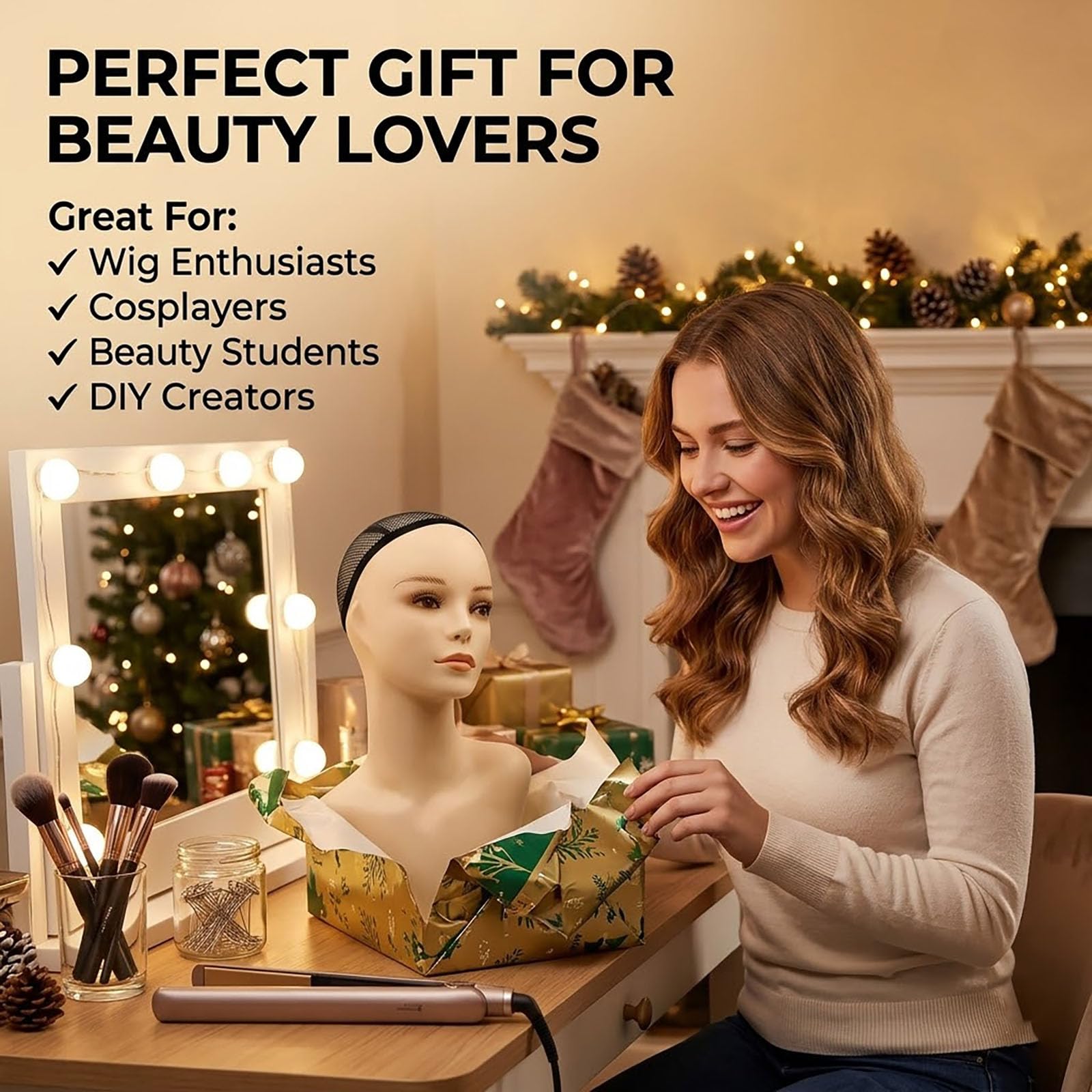 17-Inch Female Mannequin Head Form with Eyelashes, Lips and Tripod Mount