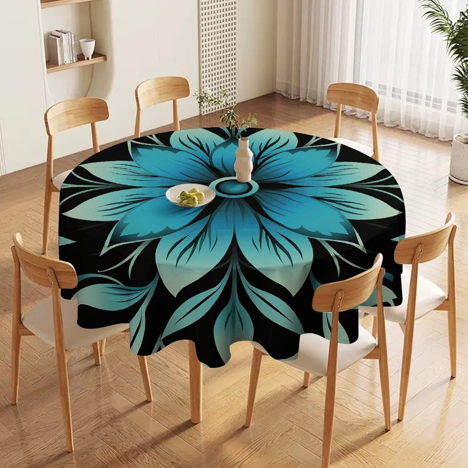 Nappe ronde à motif de feuilles bleues Ø 152 cm en tissu imperméable et lavable pour table de cuisine