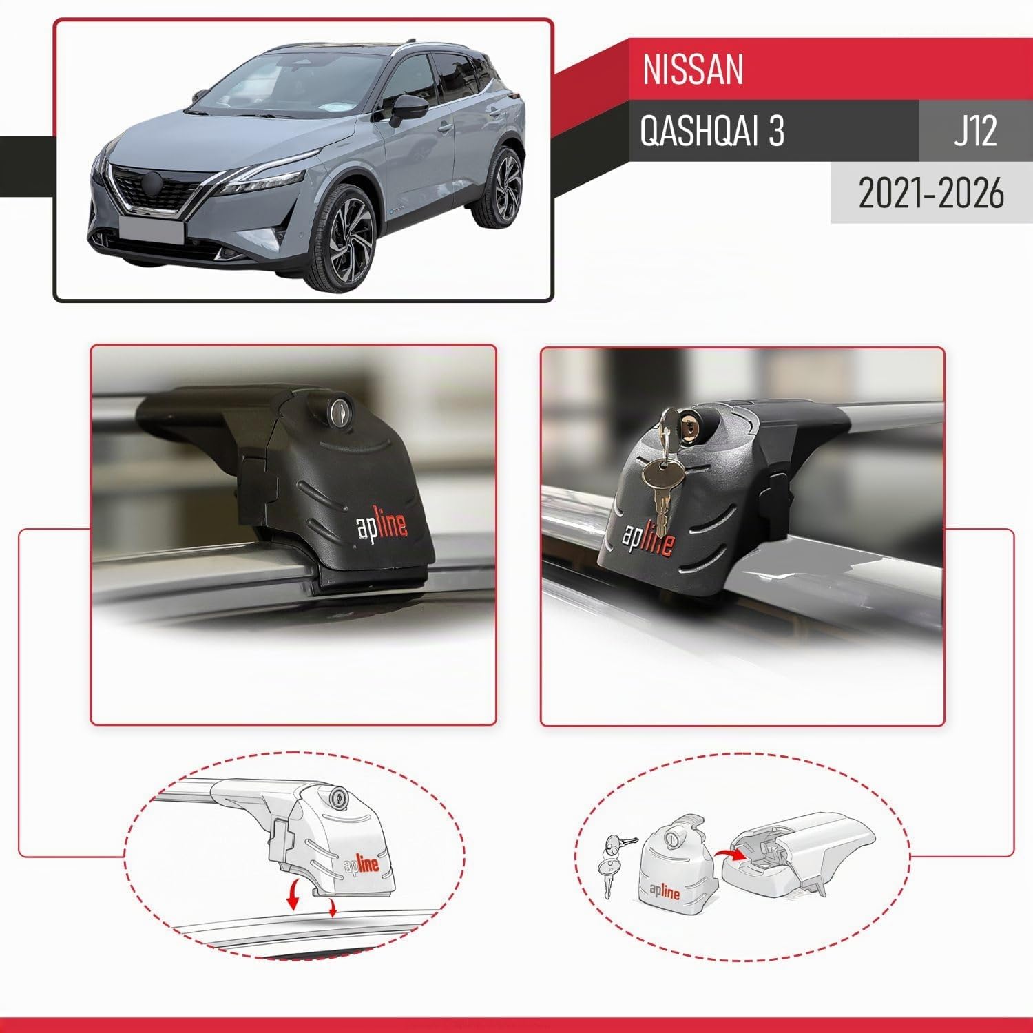 Compatible avec Nissan Qashqai 3 (J12) 2021-2026 ACE-2 modèle Barres de Toit Railing Porte-Bagages de Voiture Gris Aluminium Barres