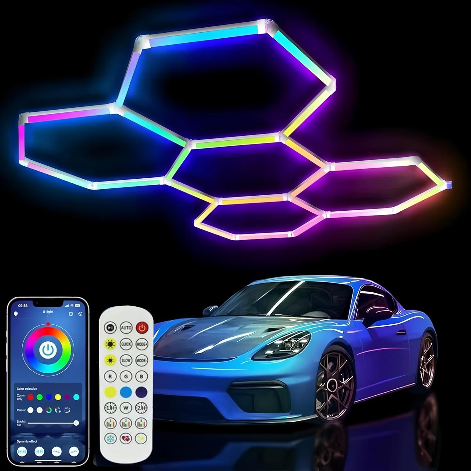 25Pack RGB 5 Hexagon LED Garage Wall Lights RGB 358 Kinds of Changes Dimmable Speed-Adjustable DIY Color-Changing Lights