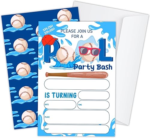 Miniatura 1 de Splish Splash Pool Invitación de fiesta de cumpleaños, tarjetas de invitación para fiestas de béisbol en la piscina para niños, niñas, niños,