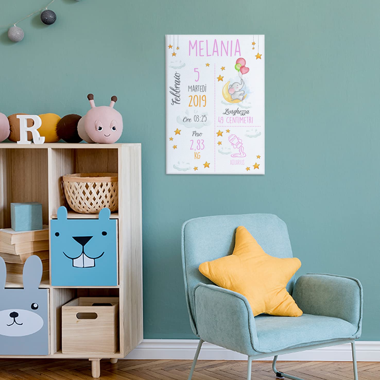 Babloo Quadro in Tela Quadretto Nascita Personalizzato Idea Regalo Bimba Neonata Grafica Elefantino 30X40cm (Rosa)