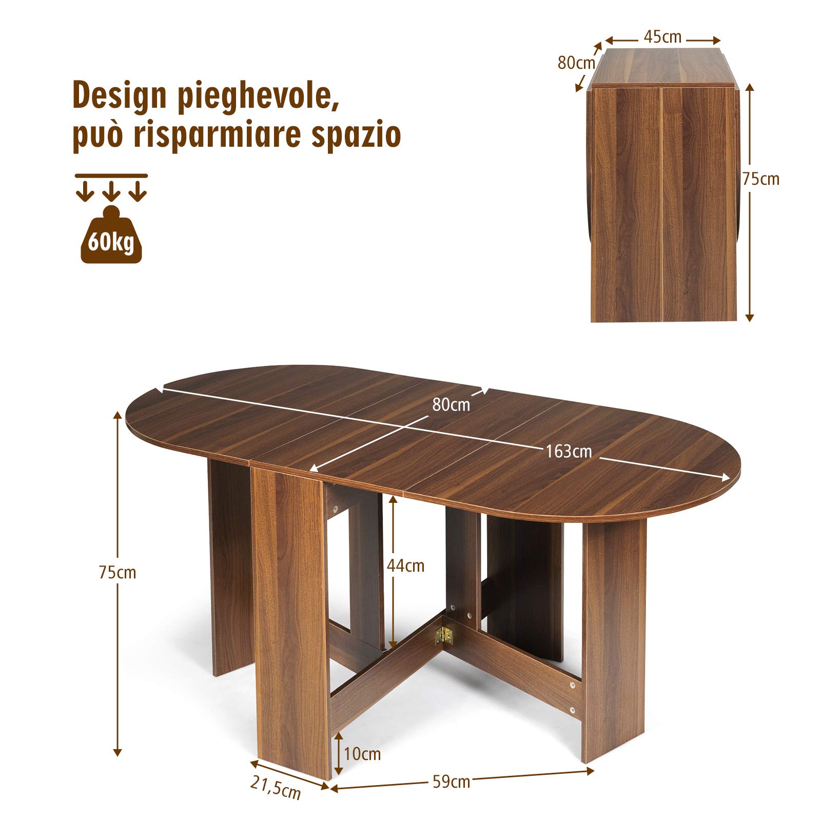 RELAX4LIFE 3 in 1 Tavolo da Pranzo Pieghevole/Scrivania/Consolle Ingresso in Legno, per Soggiorno, Sala da Pranzo e Ufficio, Multiuso per Lavoro, Studio e Ingresso, 163 x 80 x 75 cm (Marrone)