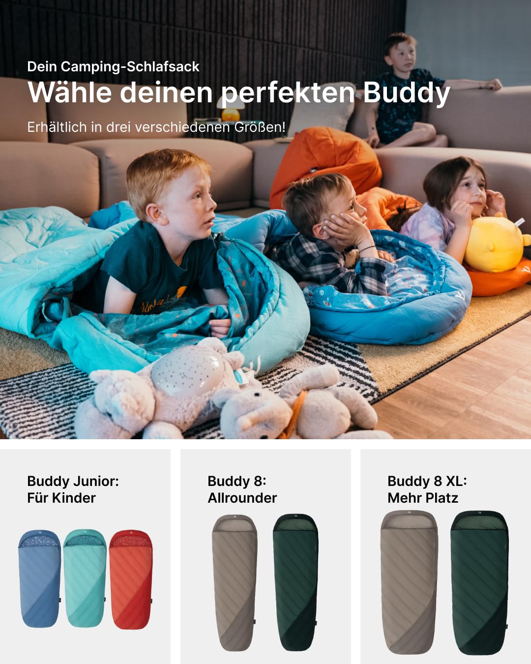 qeedo Buddy Junior Camping Schlafsack Kinder 10-25°C 3 Jahreszeiten bis 140 cm
