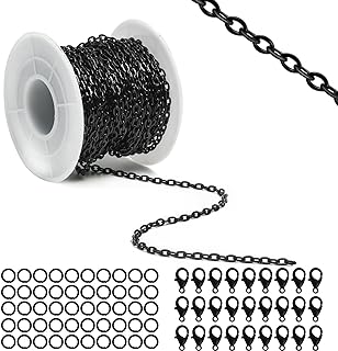Lemonkey Cadenas de collar de metal negro de 33 pies en forma de O, cadenas a granel para hacer joyas, kit de manualidades con cierres de langosta