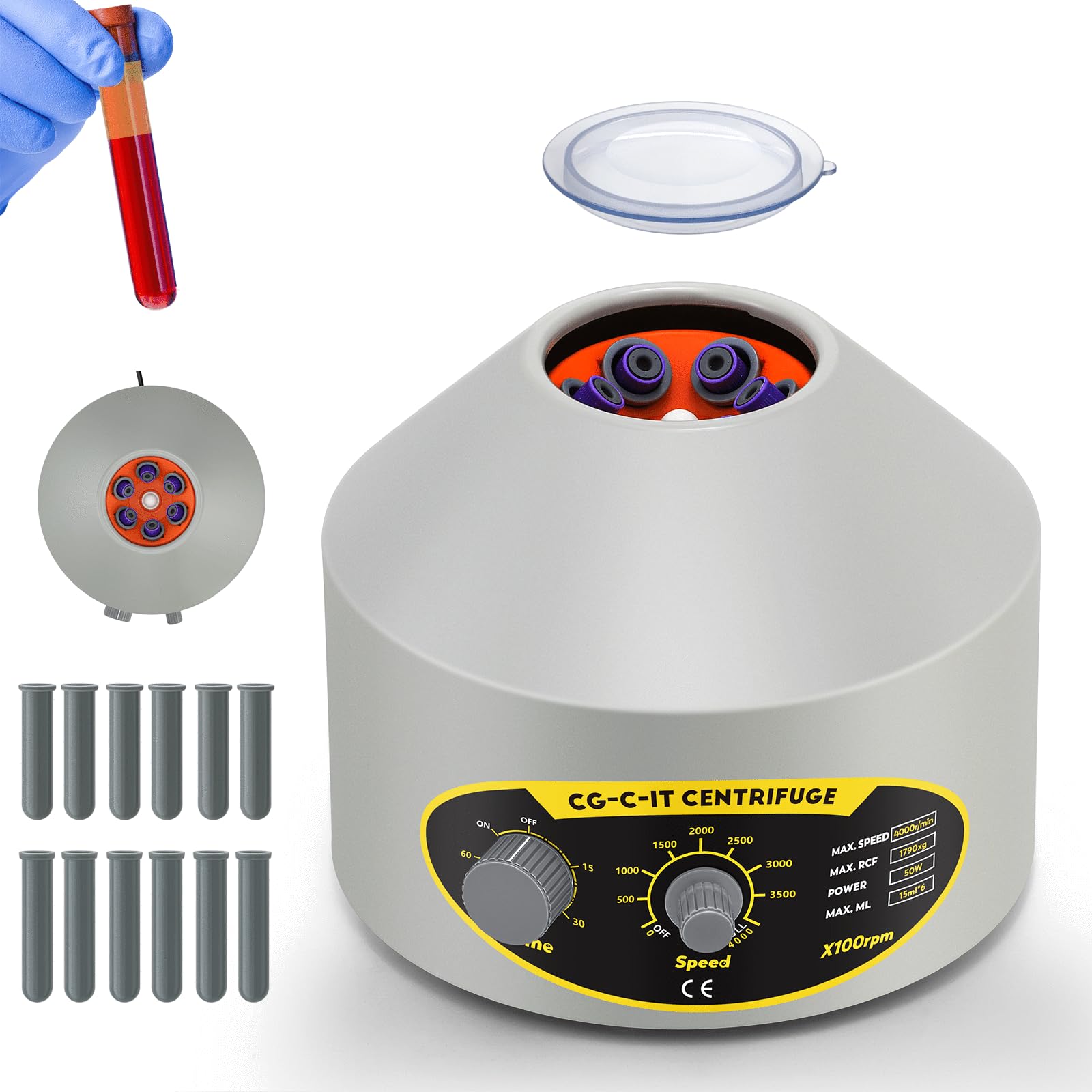 CGOLDENWALL Centrifugadora de Laboratorio, 6*15ml, 4000rpm, 1790xg RCF, Centrífuga con Temporizador de 60 Minutos y 2 Juegos de Adaptadores, Tubos de Vacío de 5/10 ml y Tubos de Centrífuga de 10/15 ml