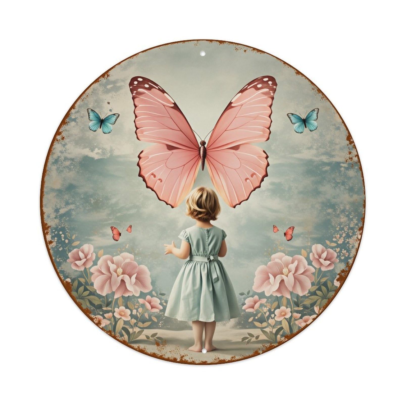 Butterfly Girl Flowers Sky Garden Round Tin Sign Vintage Style Metal Sign Home Bar Garden Wall Plaque Decor Metal Poster 8x8 Inch