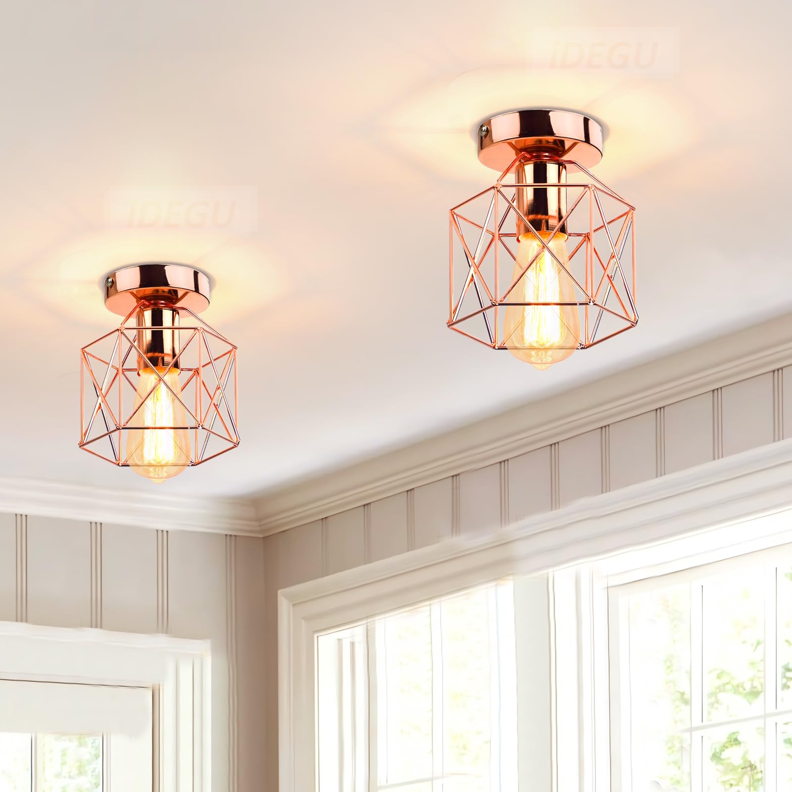 iDEGU Set of 2 Industrial Ceiling Light, Metal Hexagon Cage Design Lamp Shade E27 Ceiling Light Fixture Chandelier for Living Room, Bedroom, Bar - Rose Gold