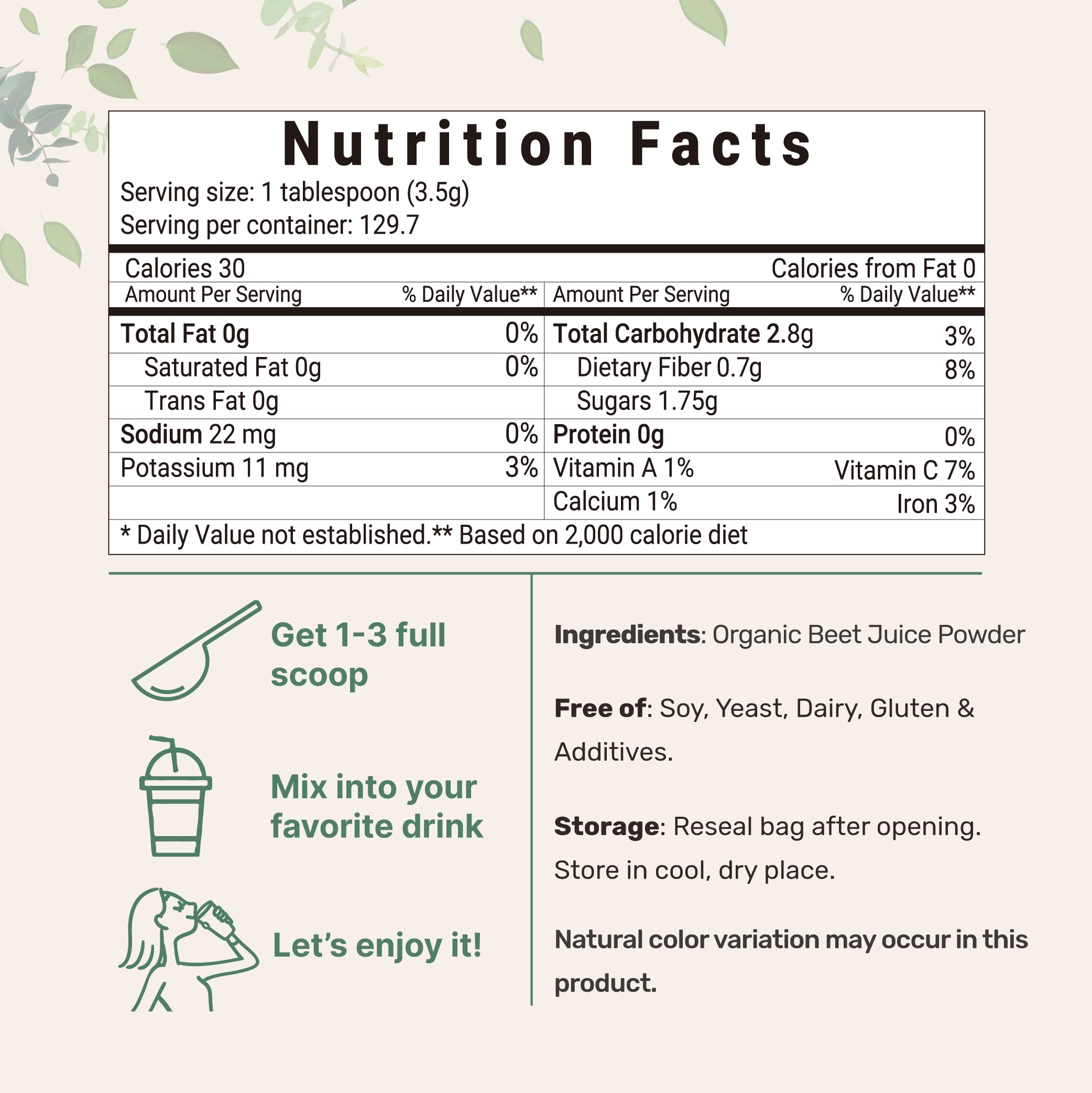 Organic Beet Root Juice Powder, 1 Pound, Cold Pressed and Water Soluble