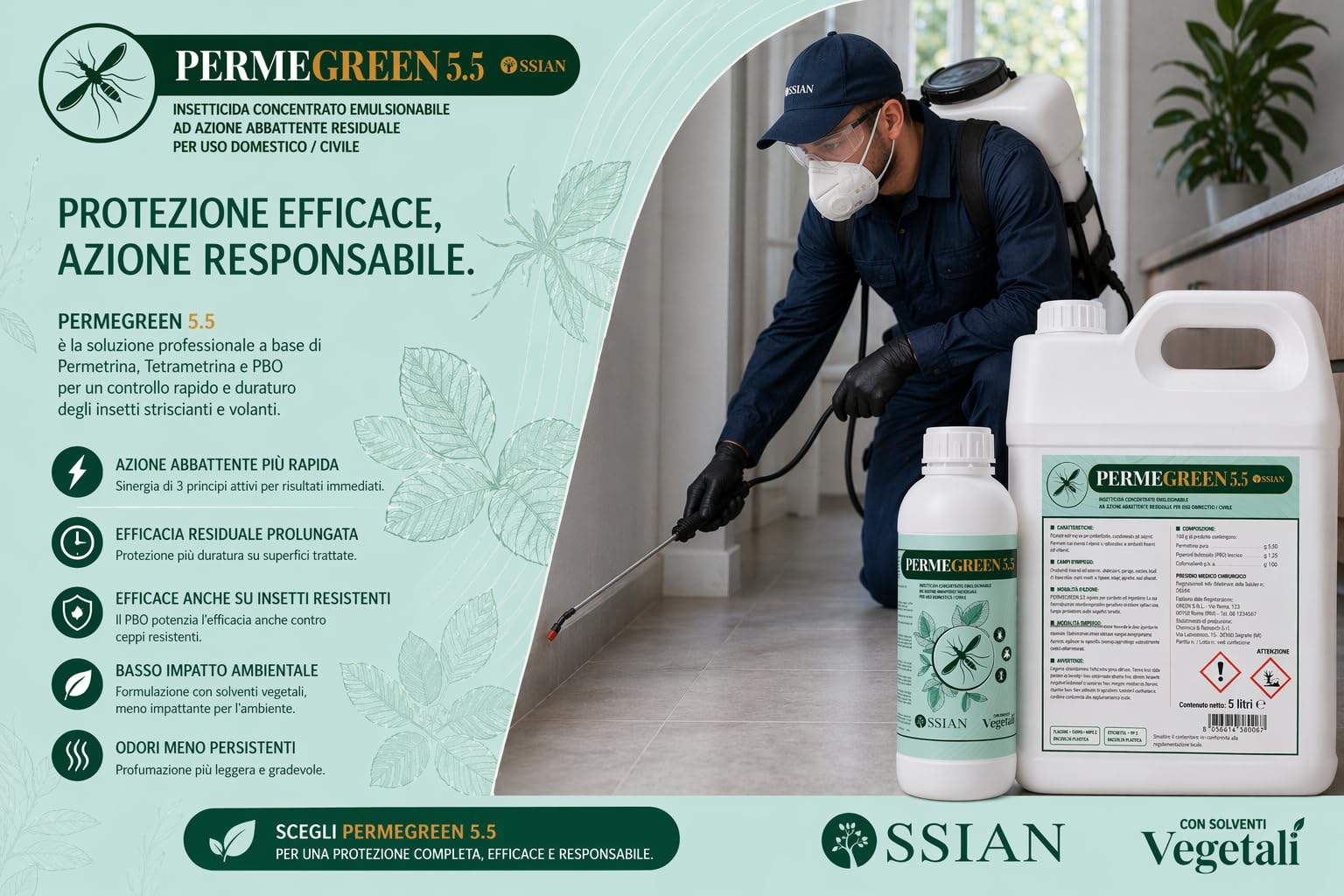 Ossian Permegreen 5.5 Insetticida Concentrato Inodore 1 LT – Permetrina, Tetrametrina e PBO – Azione Abbattente e Residuale – Contro Zanzare, Mosche, Scarafaggi, Blatte, Zecche – Interno/Esterno