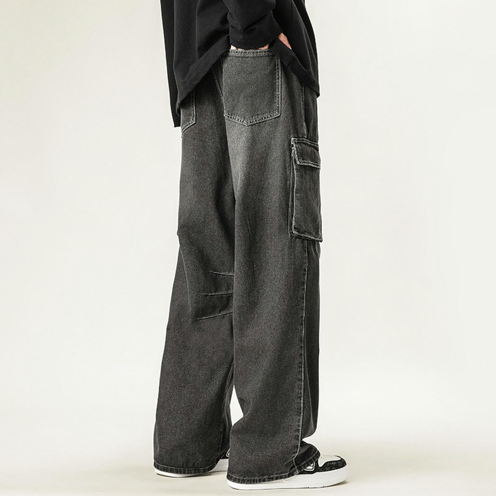 Jeans Uomo Estate Gamba Larga Salopette Larga High Street Multi-Tasche Casual Pantaloni Funzionali - Nero Grigio - M