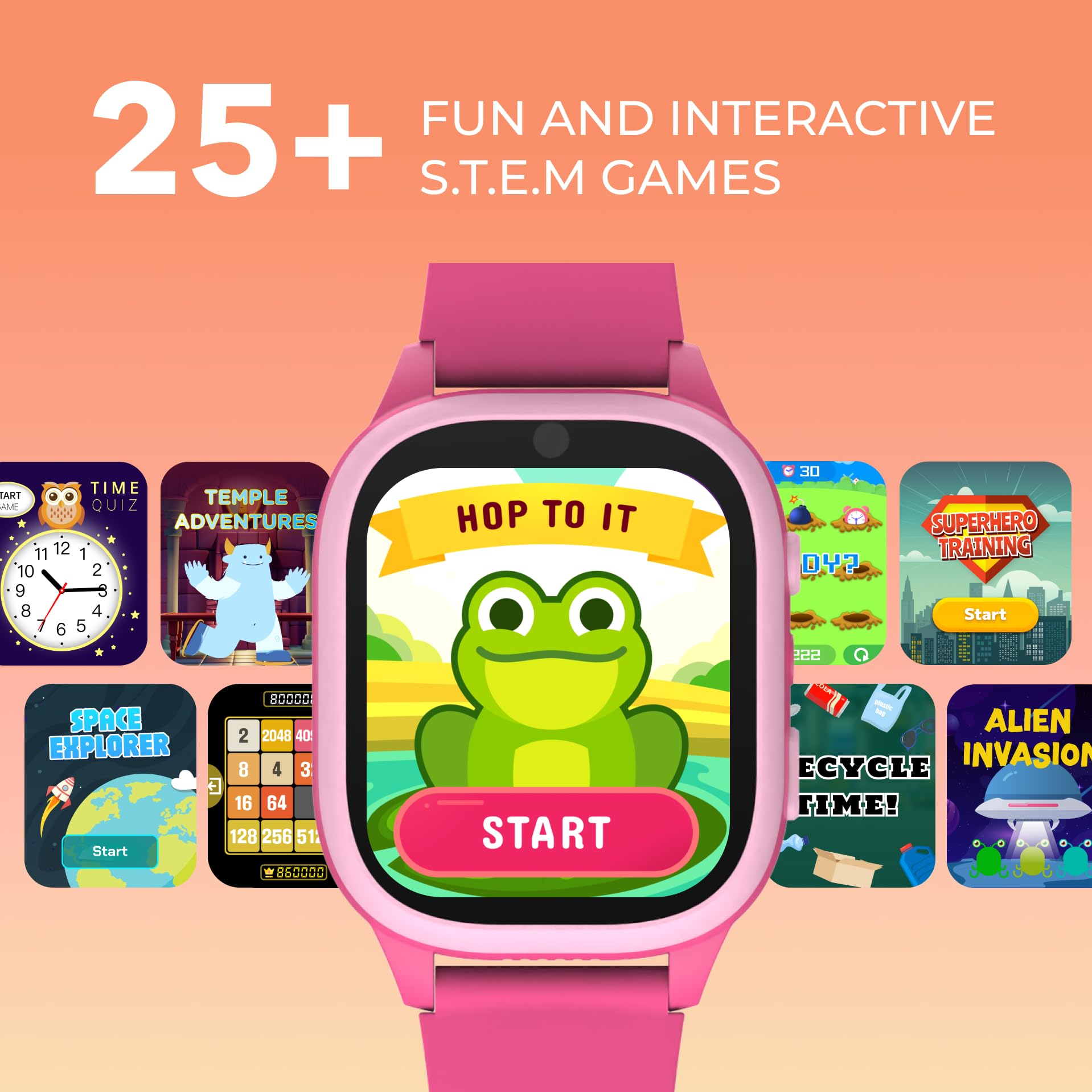 PlayZoom 4 Kids Smartwatch, Educational Tech Toy – 25+ Games, Selfie Camera, Audiobooks, Step Tracker, Water‑Resistant, Parental Controls, Long Battery, Ages 4‑12, Fuchsia Pink