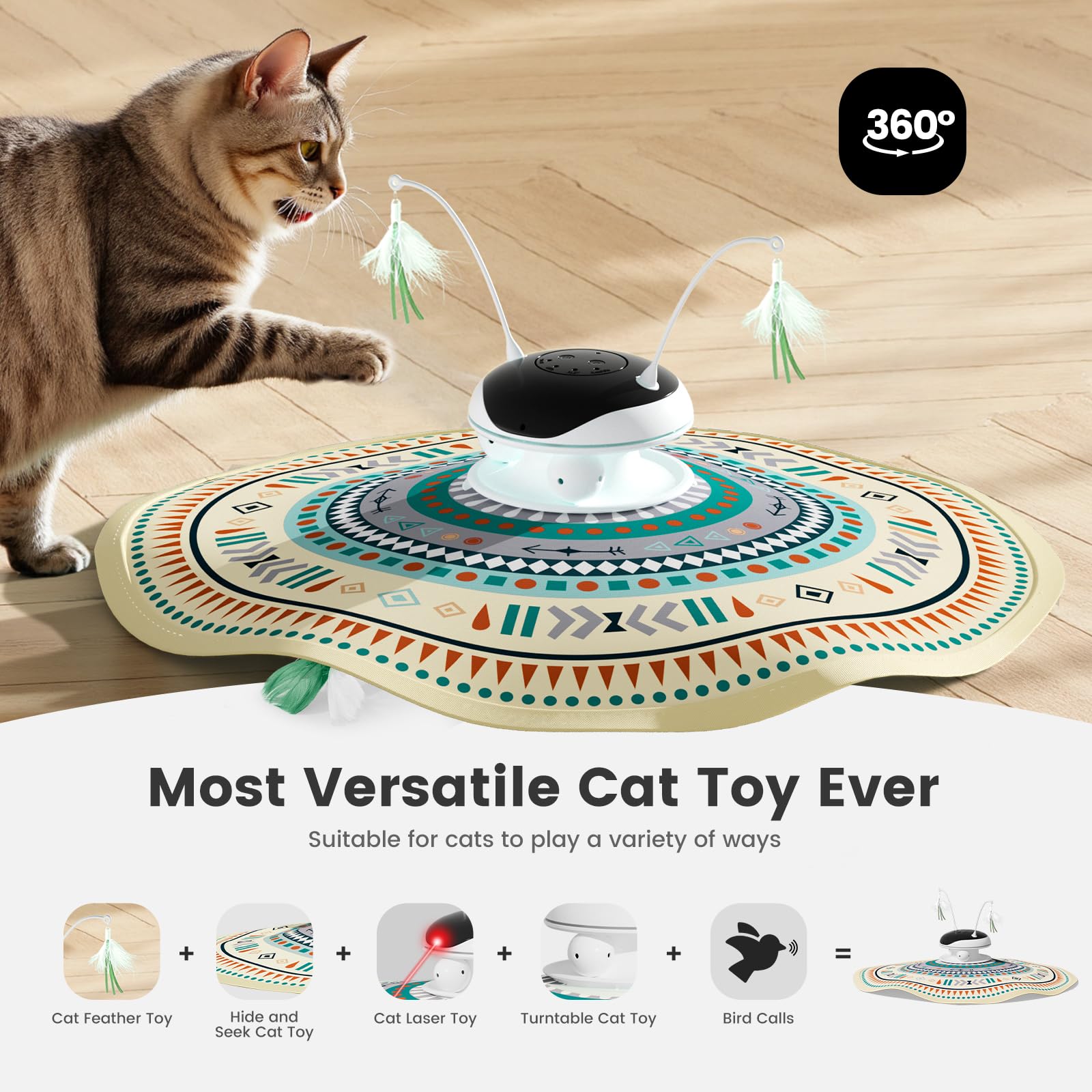 Gardner Pet Jouet Interactif pour Chat 5-en-1 Rechargeable, Jeu Automatique de Cache-Cache avec Plumes Mobiles, Billes Roulantes et Sons d'oiseaux, Jouet d'Intérieur pour Toutes Races -Beige