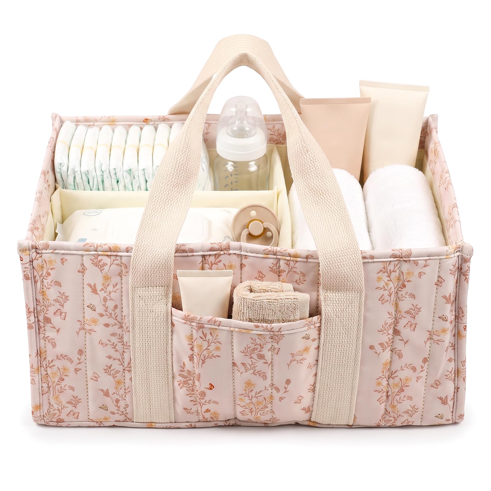 ATopoler Nappy Caddy Organiser, Stylish Nappy Storage Basket, 17L Classic Floral Beige Fabric Design Organiser, Baby Essentials for Newborn, Baby Shower Gifts