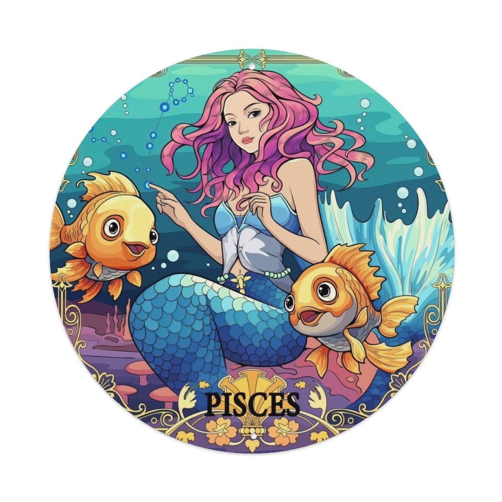 Pisces Twelve Constellations Vintage Metal Tin Sign Plaque Wall Decor for Cafe, Club, Garden Round Metal Poster 8x8Inch