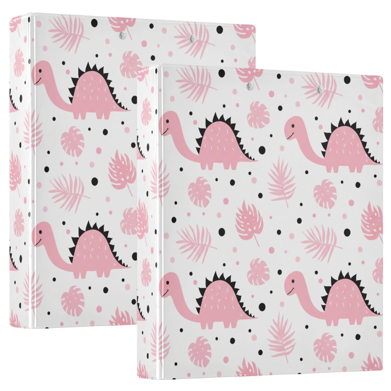 Confezione da 2 raccoglitori ad anelli con 3 anelli, motivo dinosauri rosa, con tasche, grandi, per scuola, università, ufficio