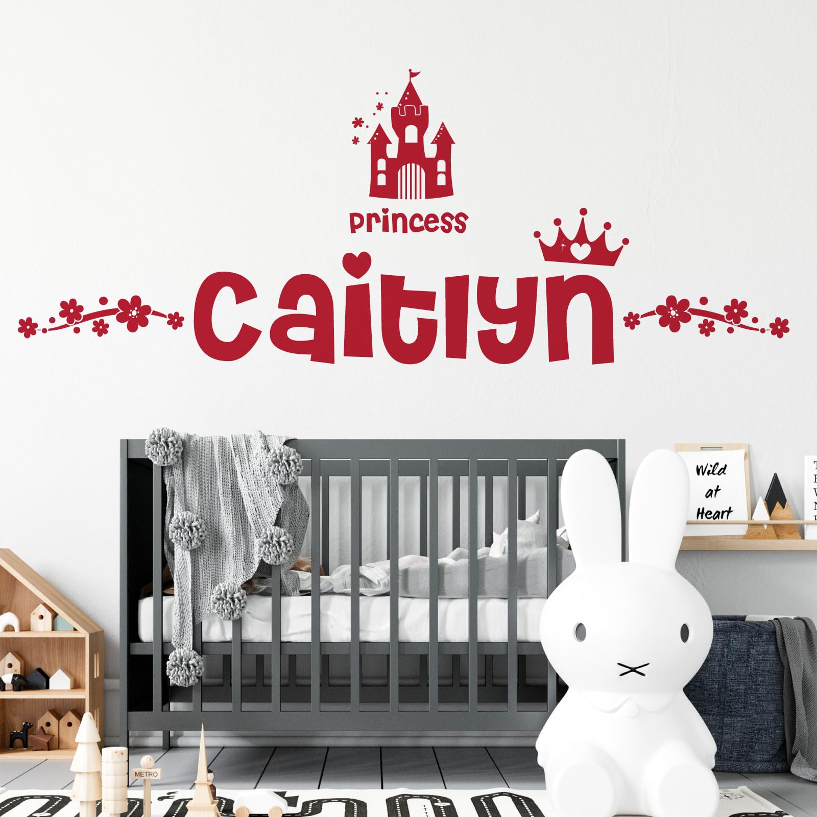 Personalised Name Girls Wall Art Sticker - Princess Disney Castle Crown Floral Motive [Large] [Cherry]