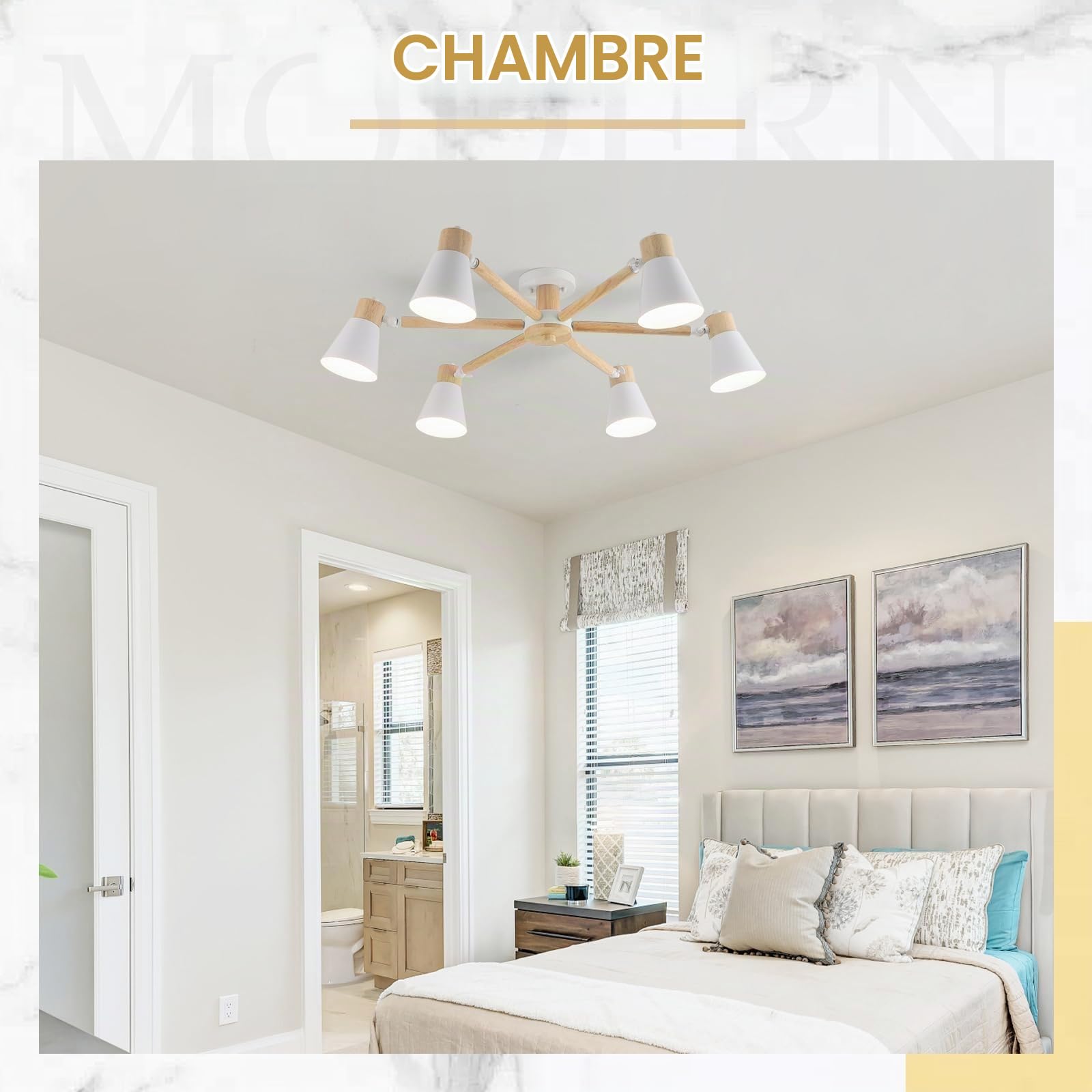 Blanc Plafonnier Cuisine 6 LumièRes,Bois Et Fer Luminaires IntéRieur Lampe À Bras LéGer RéGlable Lustre Salon E27 Ø82Cm Moderne Abat Jour Plafond Pour Chambre Maison
