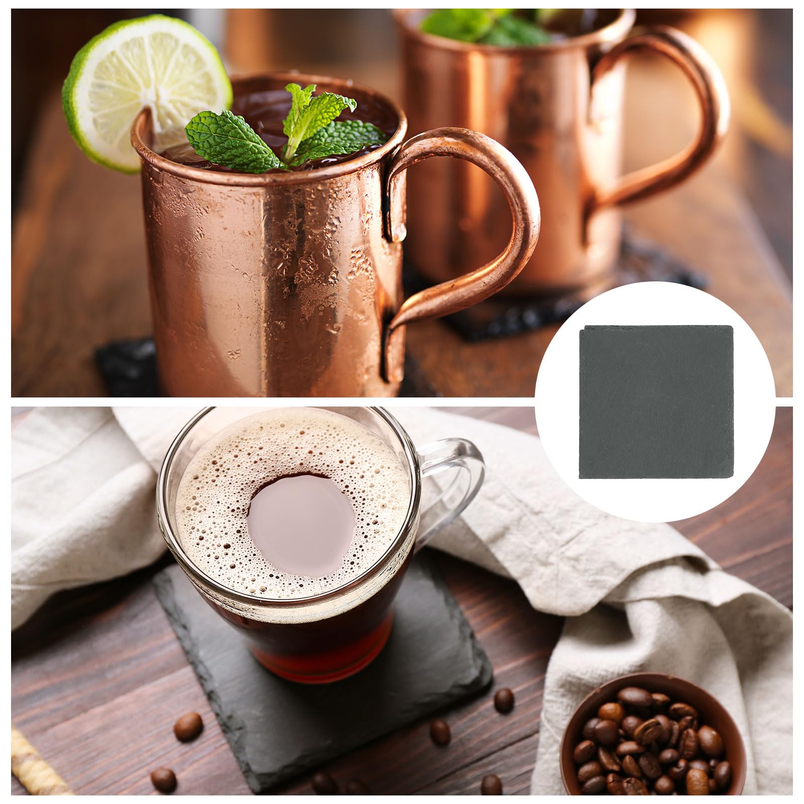 QUARKZMAN Posavasos de Pizarra, 12 PCS 4 x 4 Pulgadas - Posavasos Cuadrados de Piedra para Grabar Hechos a Mano con Base Antideslizante para Bebidas Café Bar Decoración del Hogar (Negro)