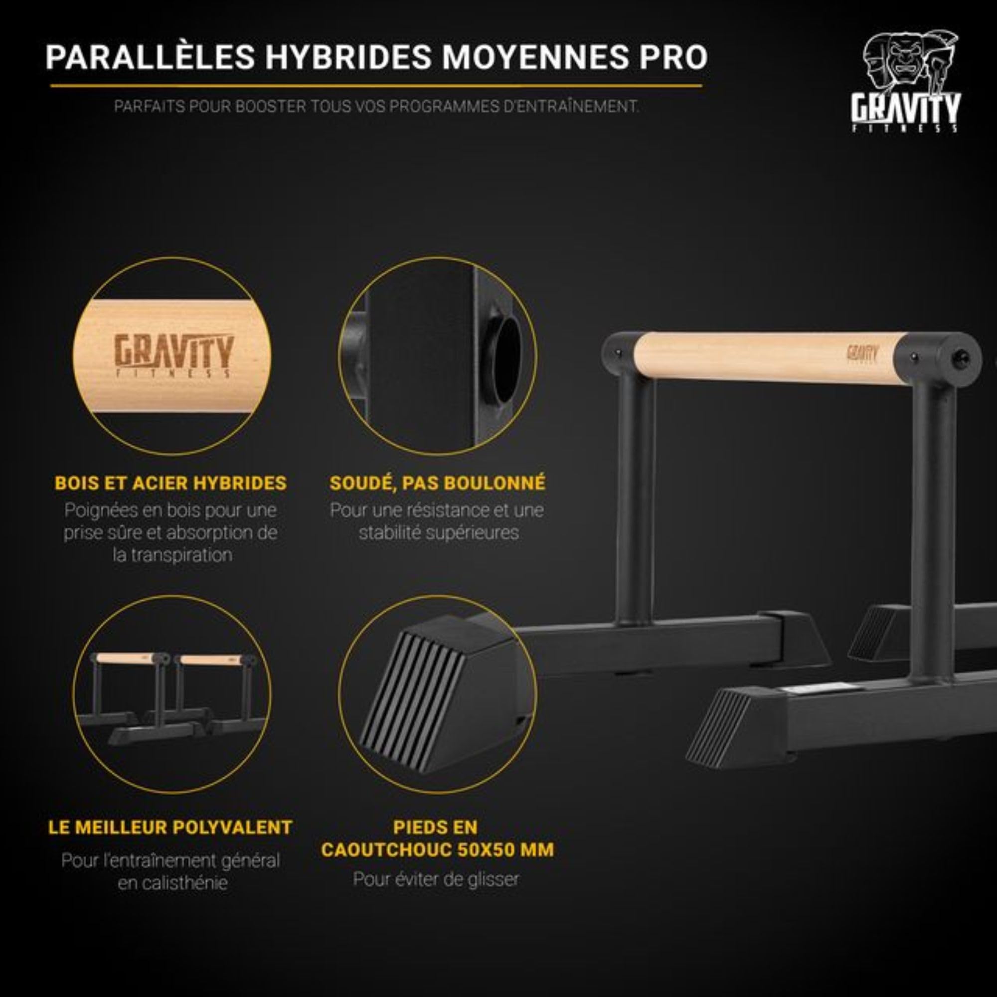 Gravity Fitness Parallèles Moyennes avec Poignées en Bois Hybrides – Barres Stables pour Calisthénie, Gymnastique, Poids du Corps, Idéales pour Salle de Sport à Domicile ou Commerciale