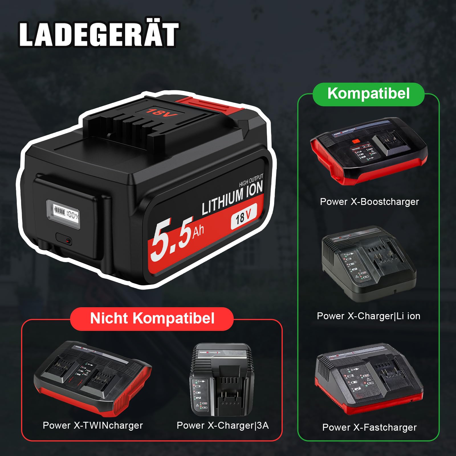 2 Stück 5,5Ah Ersatz akku für Einhell18V Akku mit LED-Leistungsanzeige | Li-Ion für Einhell18V Akku Kompatibel mit Allen PXC-Geräten