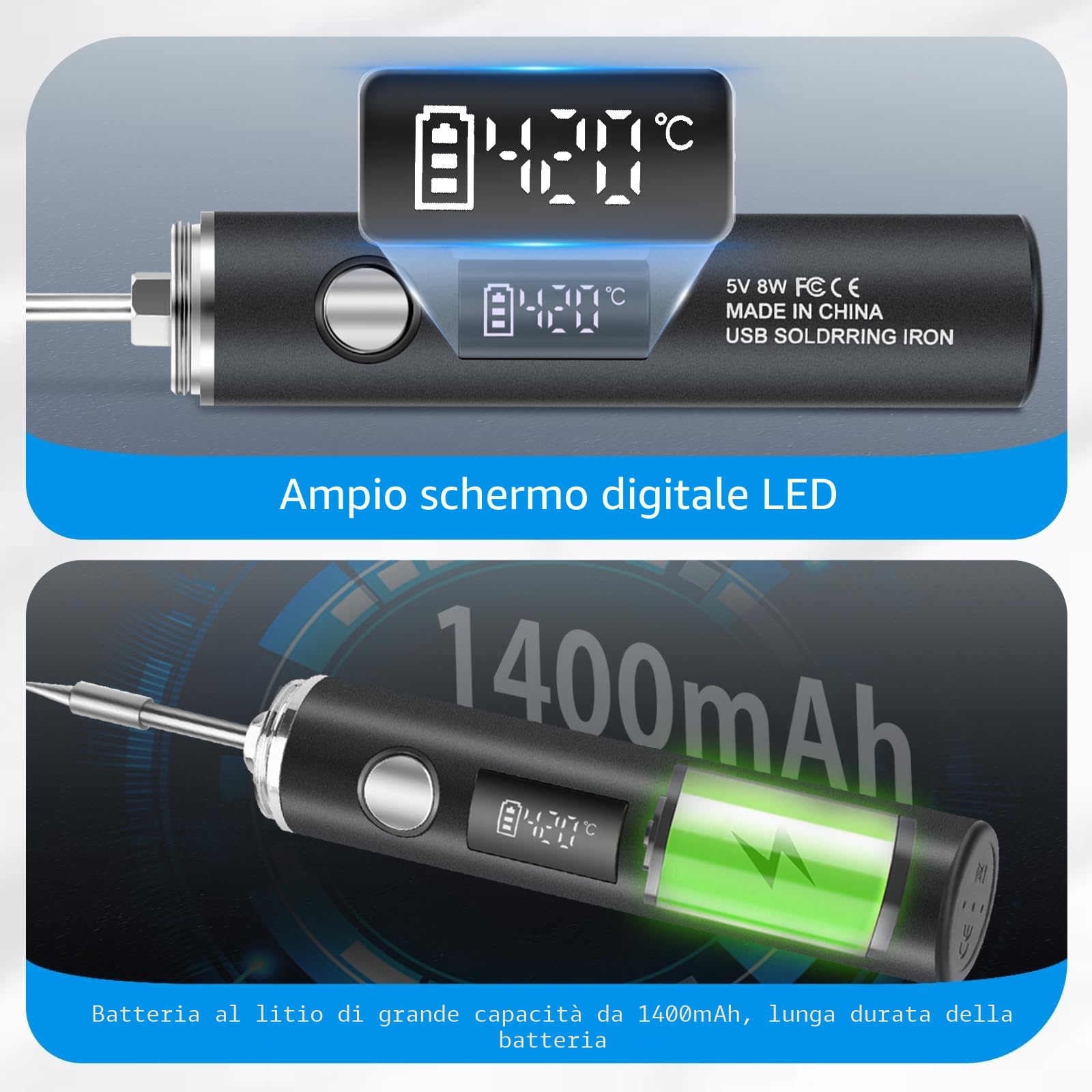 diymore Set saldatore a batteria, saldatore senza fili USB, temperatura regolabile in 5 modalità 260 ℃-420 ℃, 3 punte di saldatura, saldatore a batteria per riparazione di saldature
