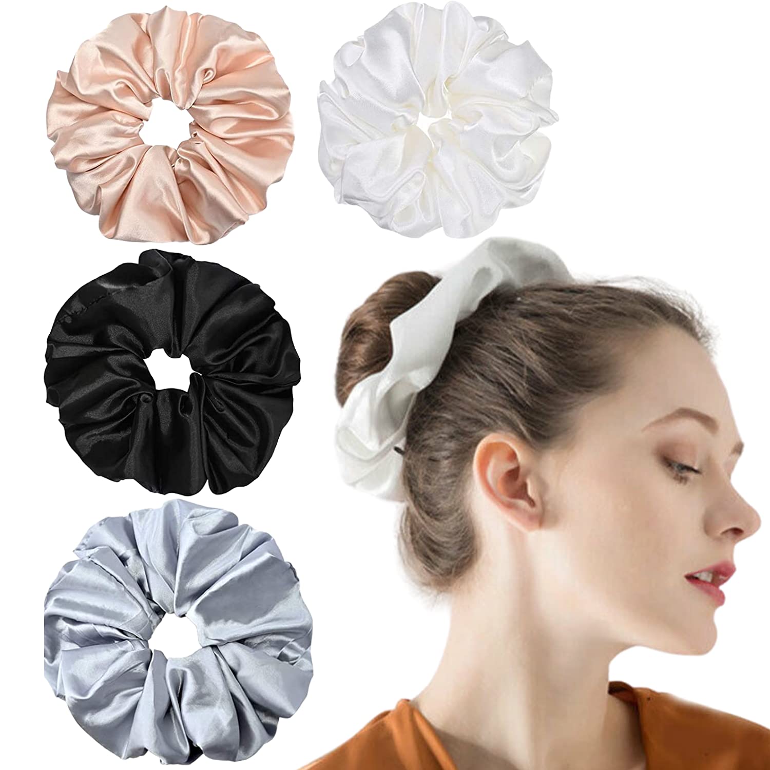 XINGNIAO Pack of 4 Massive Silk Scrunchies, Oversized Scrunchies for Thick Hair Satin Scrunchies