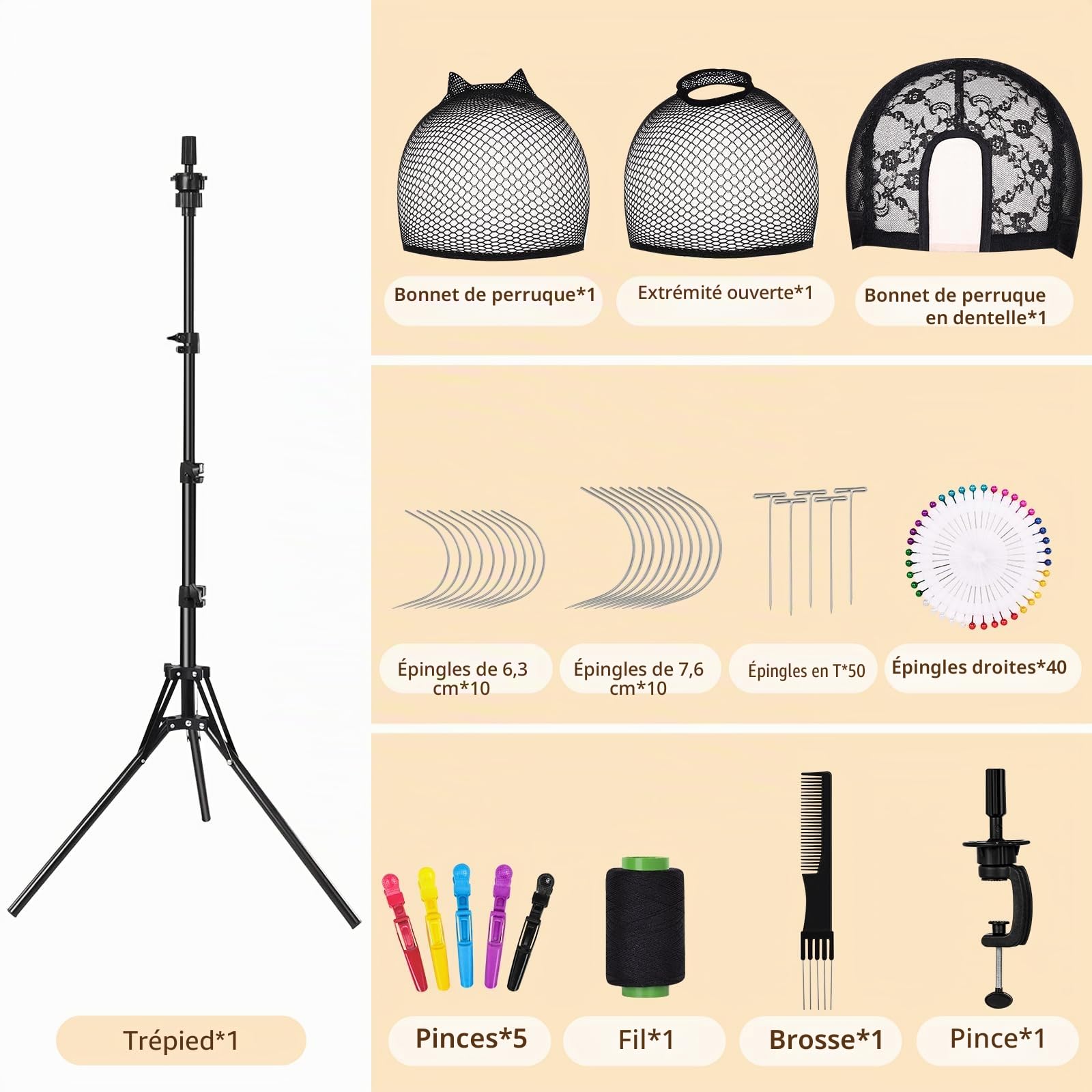 Support à Perruque 63" Réglable avec Tête de Mannequin 22" - Support en Toile pour Perruques - Ensemble pour Cosmétologie