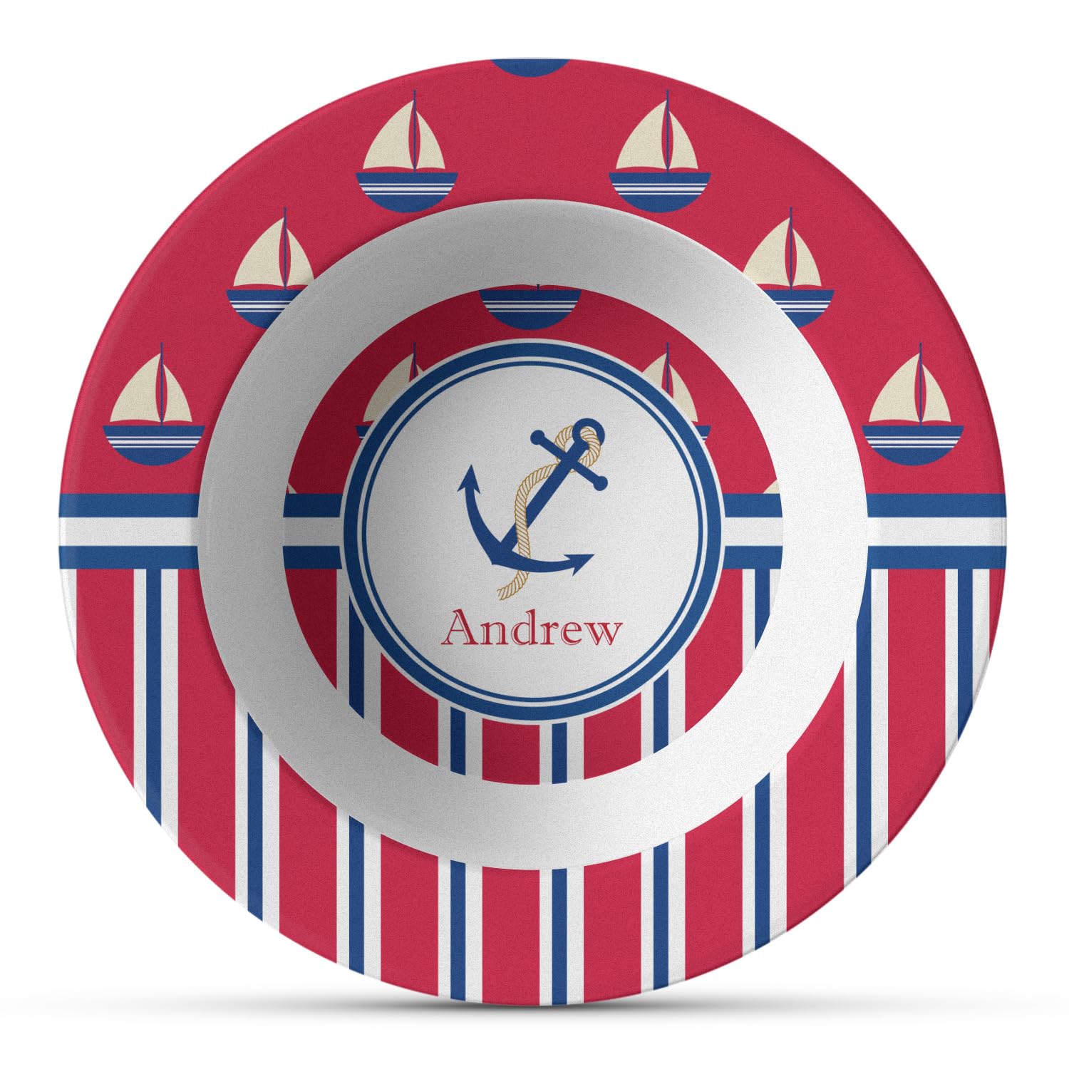 Personalized Sail Boats & Stripes Plastic Bowl - Microwave Safe - Composite Polymer