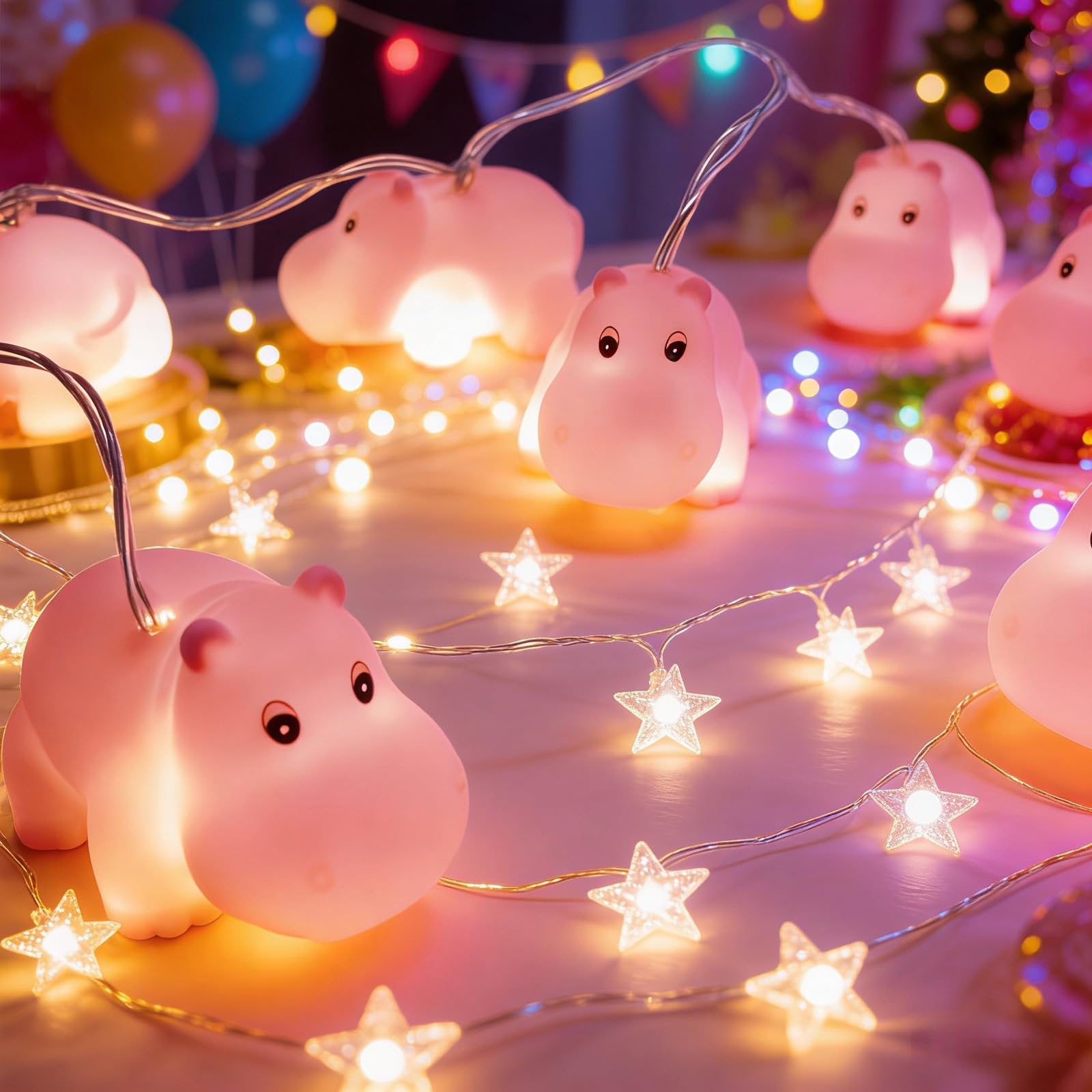 Cute Pink Hippo String Lights, 4.9Ft 1.5M 10LED Animal Fairy Lights Battery Operated Indoor Outdoor, Warm White LED, Home Bedroom Desk Birthday Party Christmas Decor