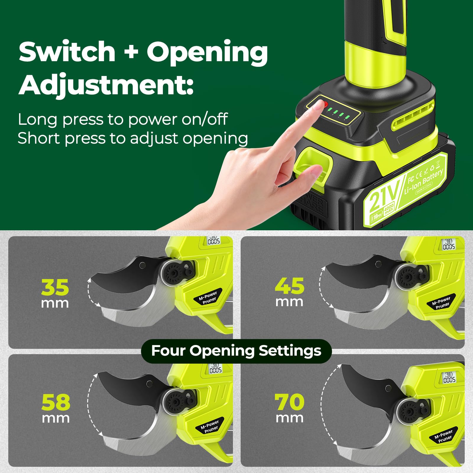 Akku-Elektro-Gartenschere: 1200 W, 75 mm Öffnungsweite, 50–60 mm Schnittkapazität, 21 V/4000 mAh Akku, SK7-Klingen, mit LCD-Display. Ideal für Bäume, Reben und Weinberge