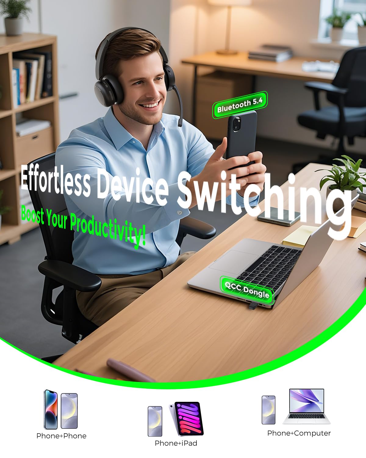 Bluetooth-Headset, Kabelloses Headset mit Mikrofon, Qualcomm Chipset Dongle, V5.4-Headsets mit Mikrofon für die Arbeit, Drahtlose Geräuschunterdrückung mit Busy/Stumm Licht für PC Computer Büro