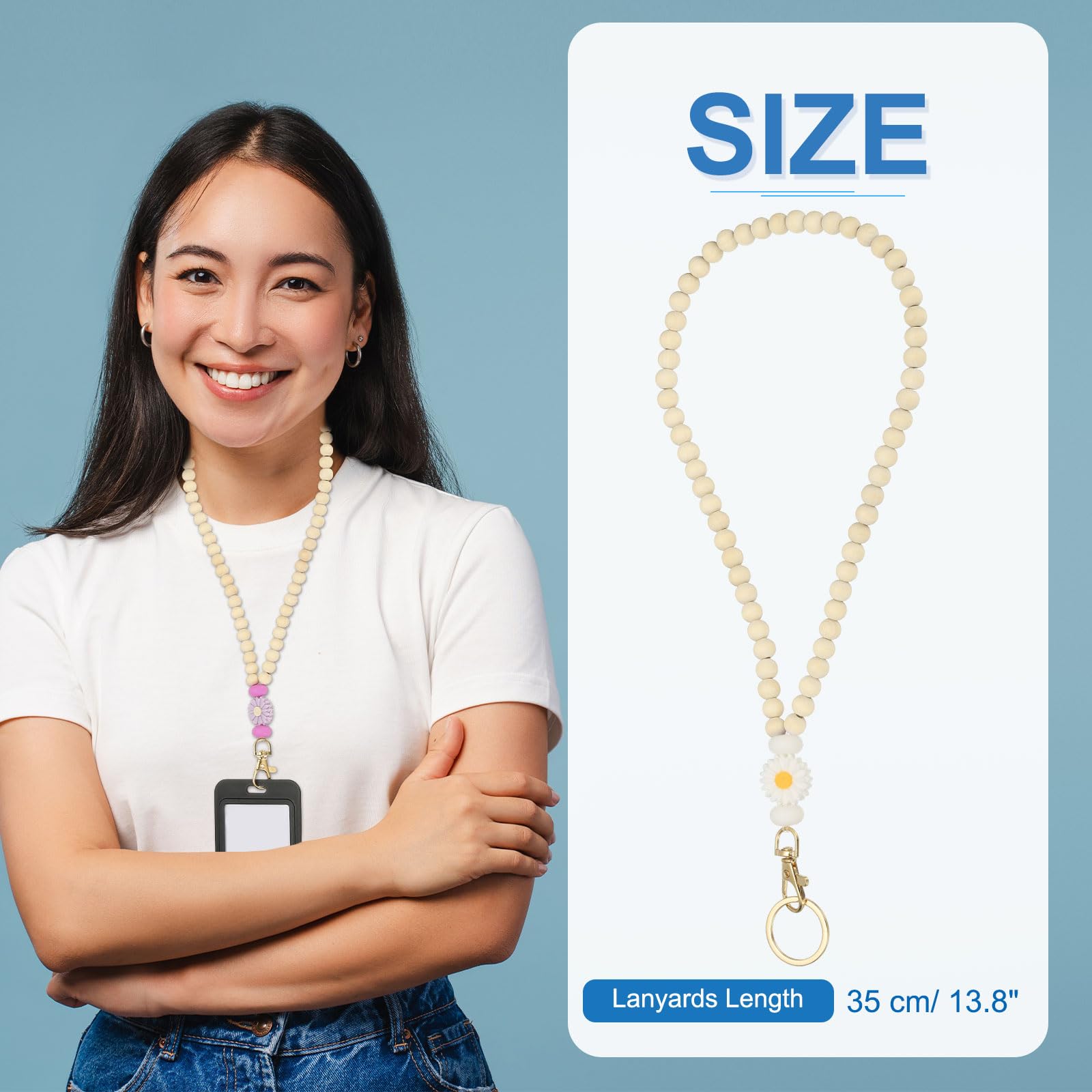 PATIKIL Wooden Teacher Lanyards, Retractable Cute Beaded Lanyards for Women ID Badge Keys White, 35 - Image 2
